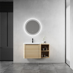 36'' Wall-Mounted Bathroom Vanity with White Ceramic Sink and Storage Shelves & 1-Soft-Close Door, KD-Packing, Plywood, American White Oak