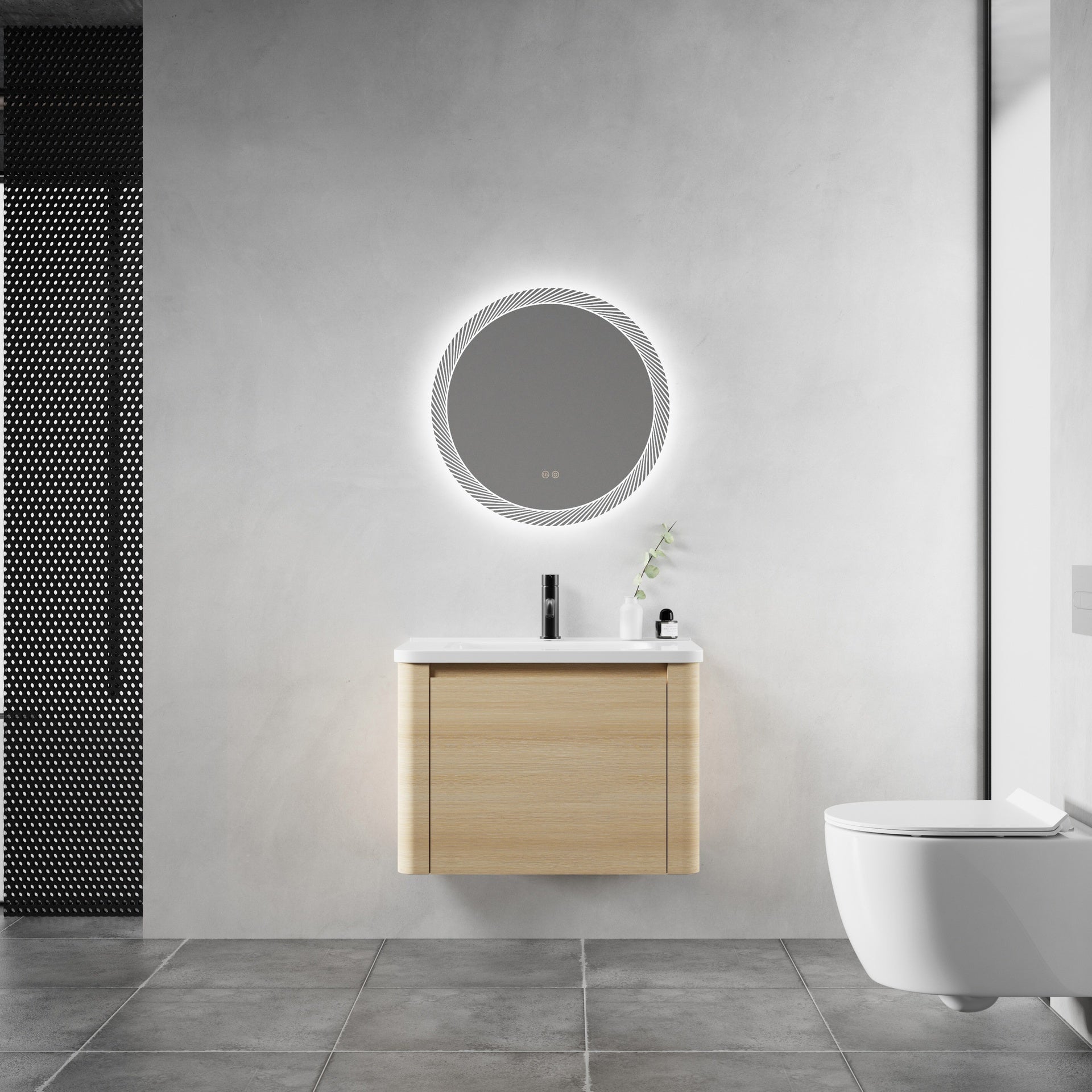 28'' Wall-Mounted Bathroom Vanity with White Ceramic Sink & 1-Soft-Close Door, KD-Packing, Plywood, American White Oak