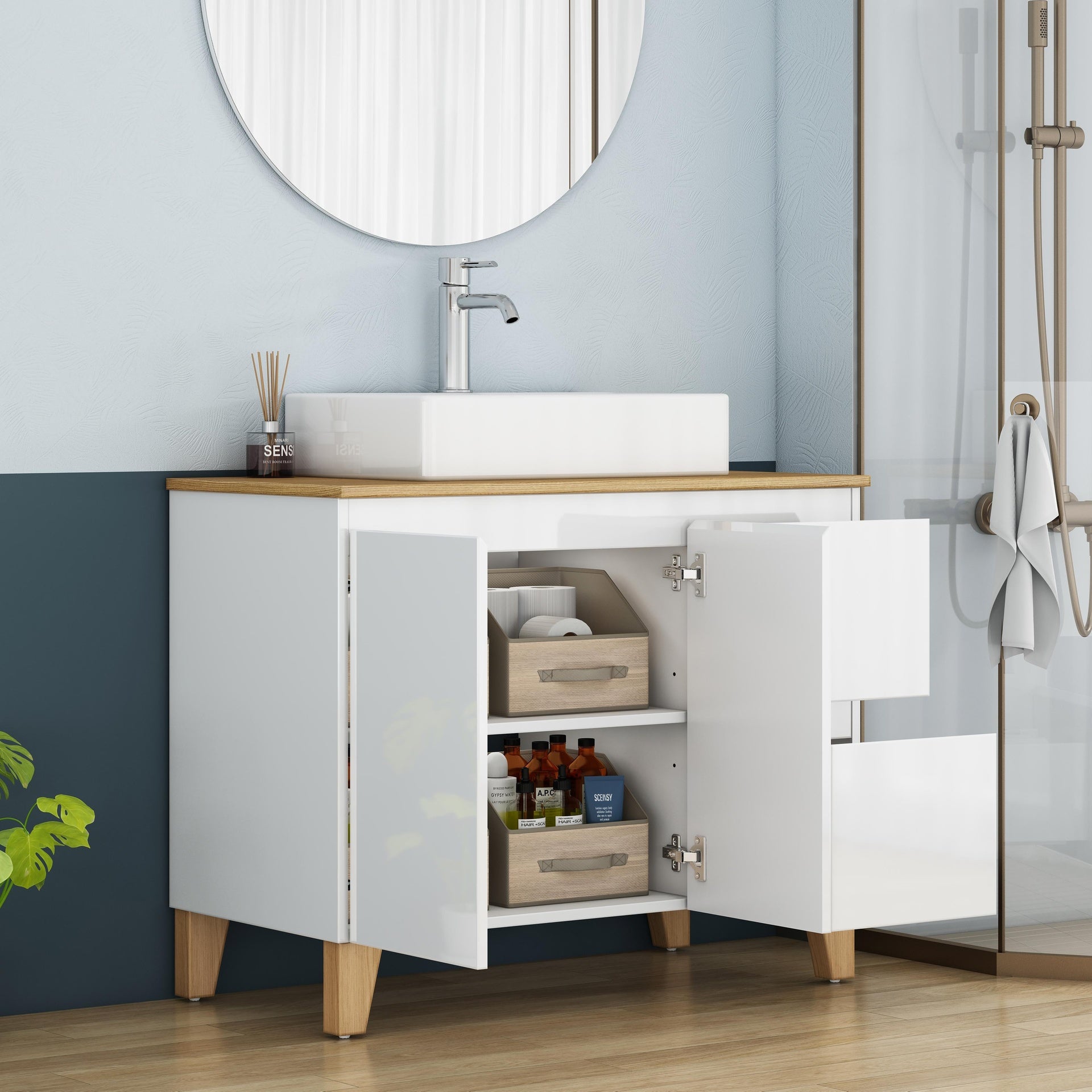 36-Inch Modern Bathroom Vanity with Sink Combo,2 Doors and 2 Big Drawer, Soft-Clost System,Handle-Free Design,Natural Solid Wood Top and Feet,Square-Shap Ceramic Basin On the Countertop,Glossy White