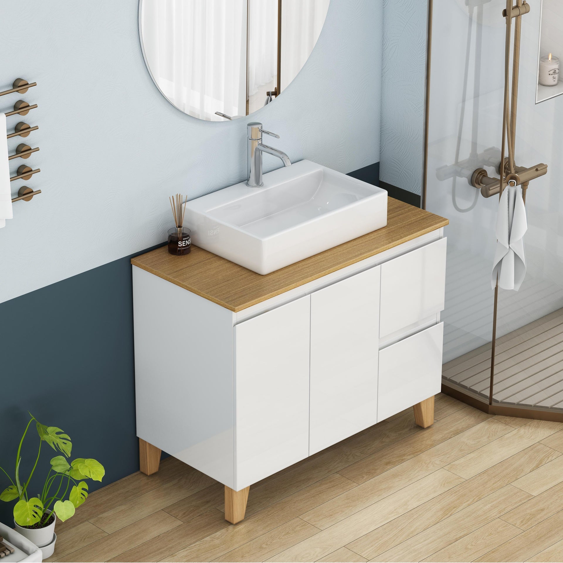 36-Inch Modern Bathroom Vanity with Sink Combo,2 Doors and 2 Big Drawer, Soft-Clost System,Handle-Free Design,Natural Solid Wood Top and Feet,Square-Shap Ceramic Basin On the Countertop,Glossy White