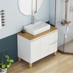 36-Inch Modern Bathroom Vanity with Sink Combo,2 Doors and 2 Big Drawer, Soft-Clost System,Handle-Free Design,Natural Solid Wood Top and Feet,Square-Shap Ceramic Basin On the Countertop,Glossy White