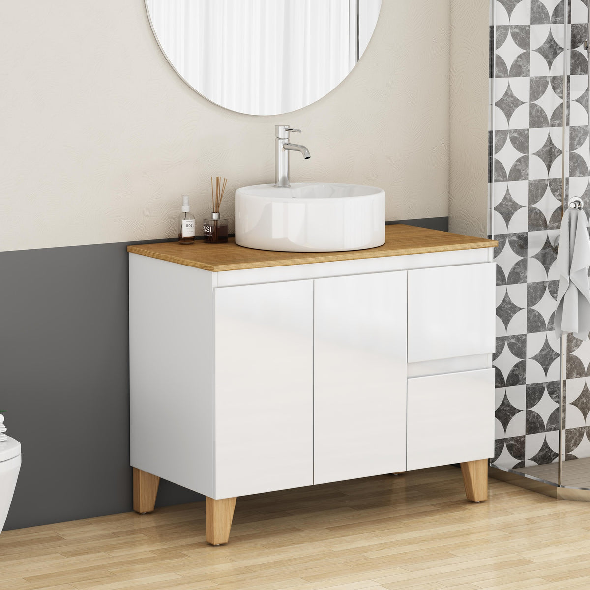 36-Inch Modern Bathroom Vanity with Sink Combo,2 Doors and 2 Big Drawer, Soft-Clost System,Handle-Free Design,Natural Solid Wood Top and Feet,Round Ceramic Basin On the Countertop,Glossy White