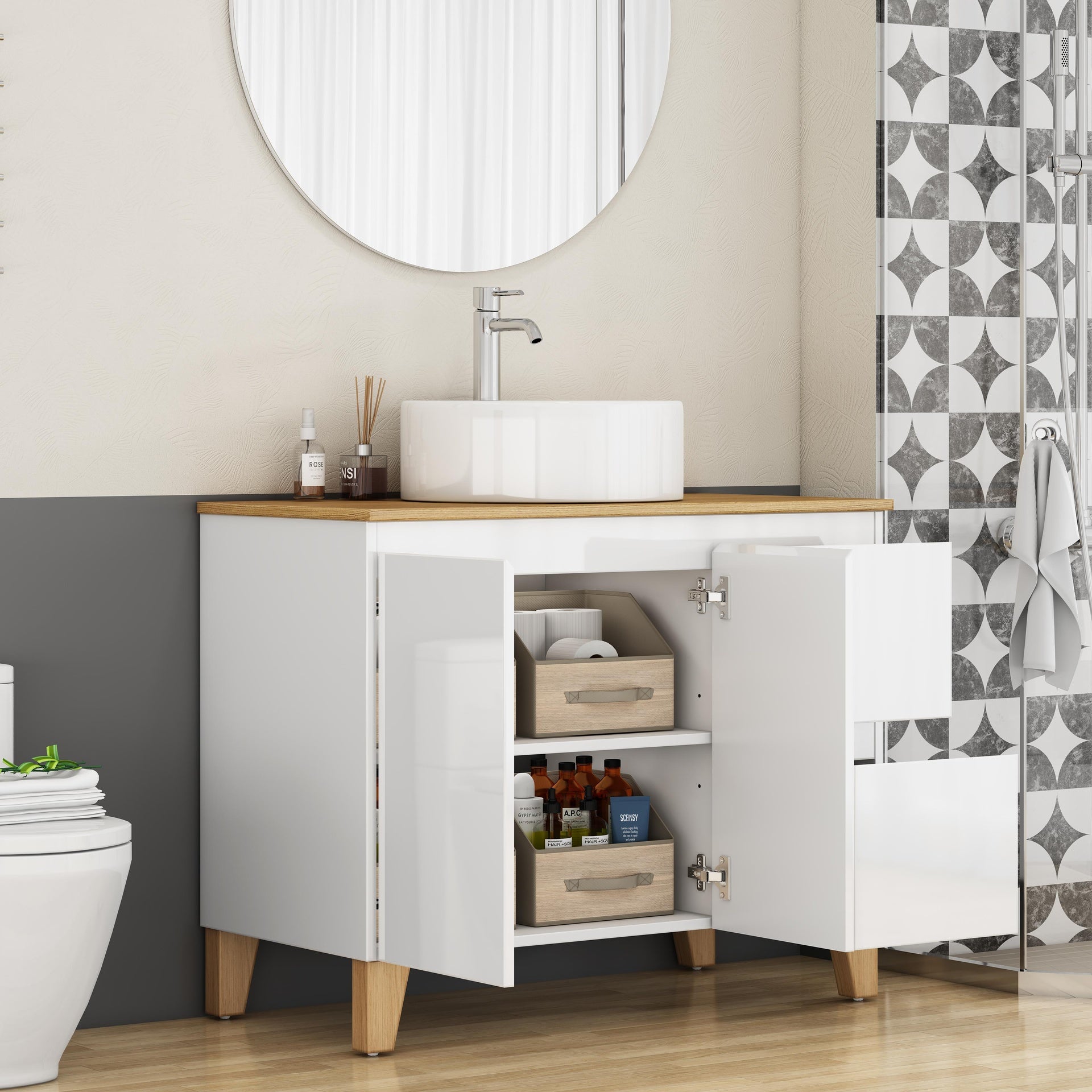 36-Inch Modern Bathroom Vanity with Sink Combo,2 Doors and 2 Big Drawer, Soft-Clost System,Handle-Free Design,Natural Solid Wood Top and Feet,Round Ceramic Basin On the Countertop,Glossy White