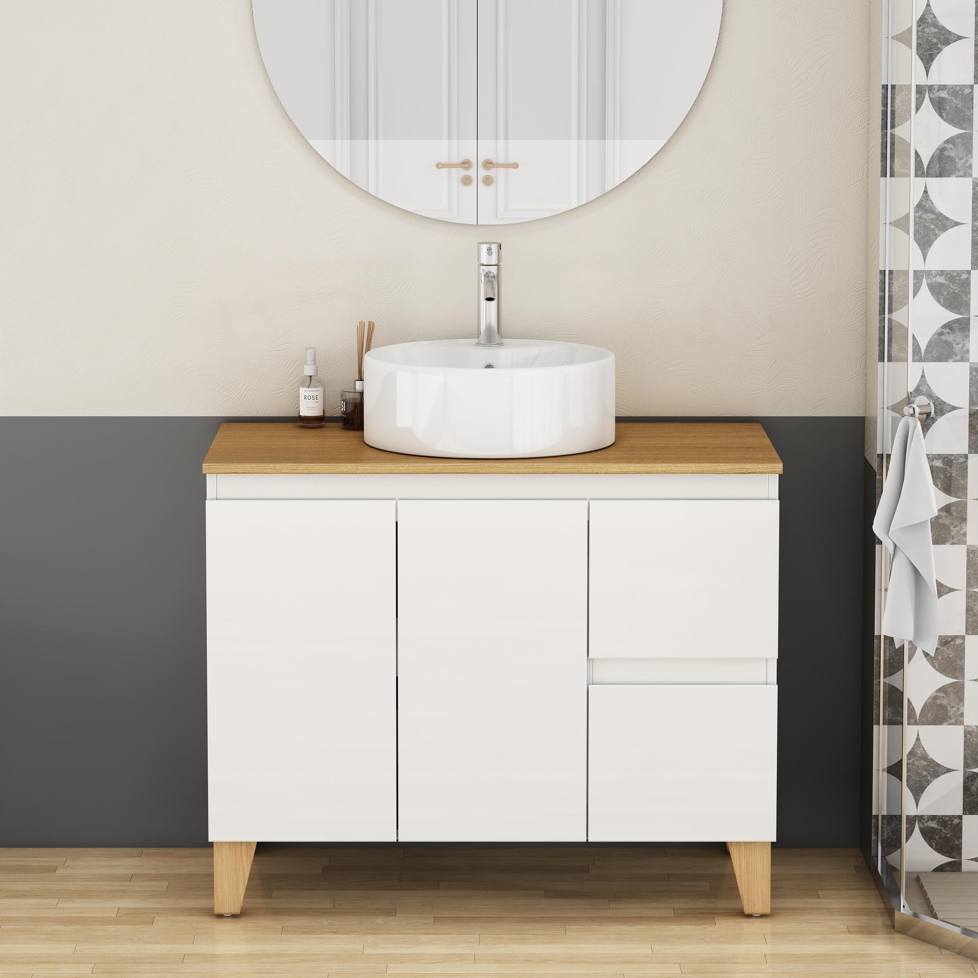 36-Inch Modern Bathroom Vanity with Sink Combo,2 Doors and 2 Big Drawer, Soft-Clost System,Handle-Free Design,Natural Solid Wood Top and Feet,Round Ceramic Basin On the Countertop,Glossy White
