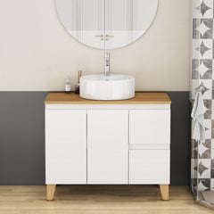 36-Inch Modern Bathroom Vanity with Sink Combo,2 Doors and 2 Big Drawer, Soft-Clost System,Handle-Free Design,Natural Solid Wood Top and Feet,Round Ceramic Basin On the Countertop,Glossy White