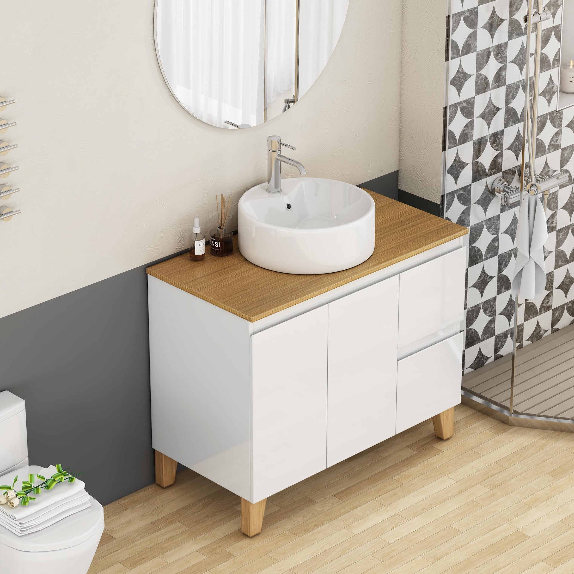 36-Inch Modern Bathroom Vanity with Sink Combo,2 Doors and 2 Big Drawer, Soft-Clost System,Handle-Free Design,Natural Solid Wood Top and Feet,Round Ceramic Basin On the Countertop,Glossy White