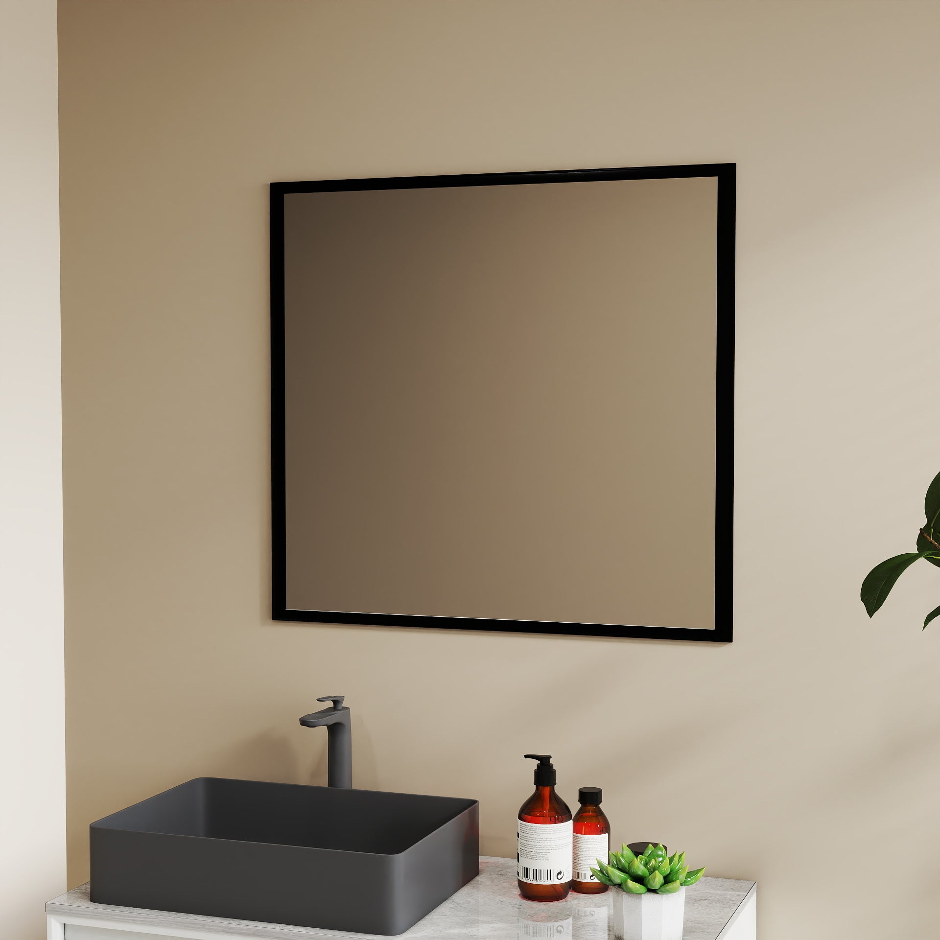 32-inch square black aluminum mirror frame can be used in the bathroom and hallway, which is convenient for wall hanging.