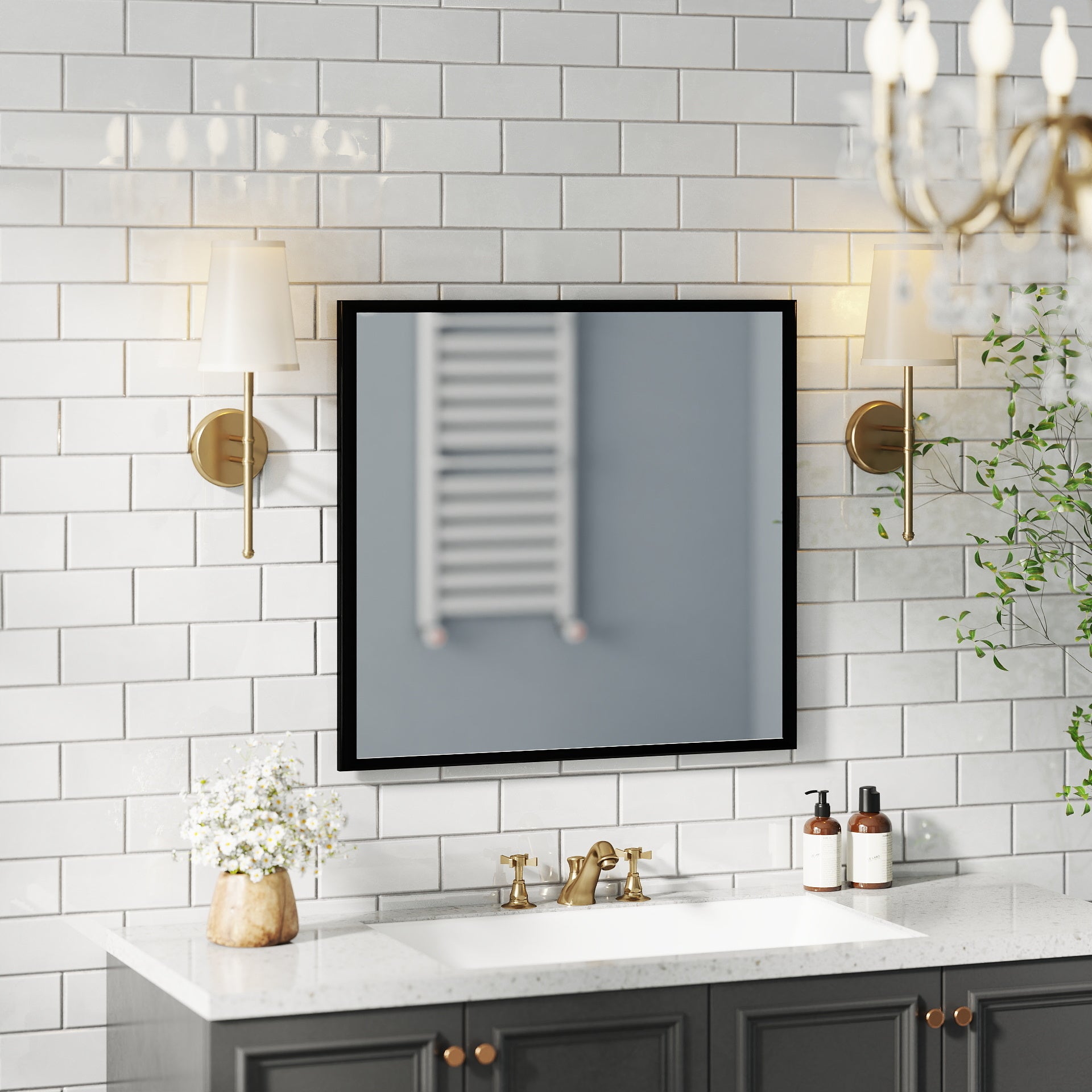 32-inch square black aluminum mirror frame can be used in the bathroom and hallway, which is convenient for wall hanging.