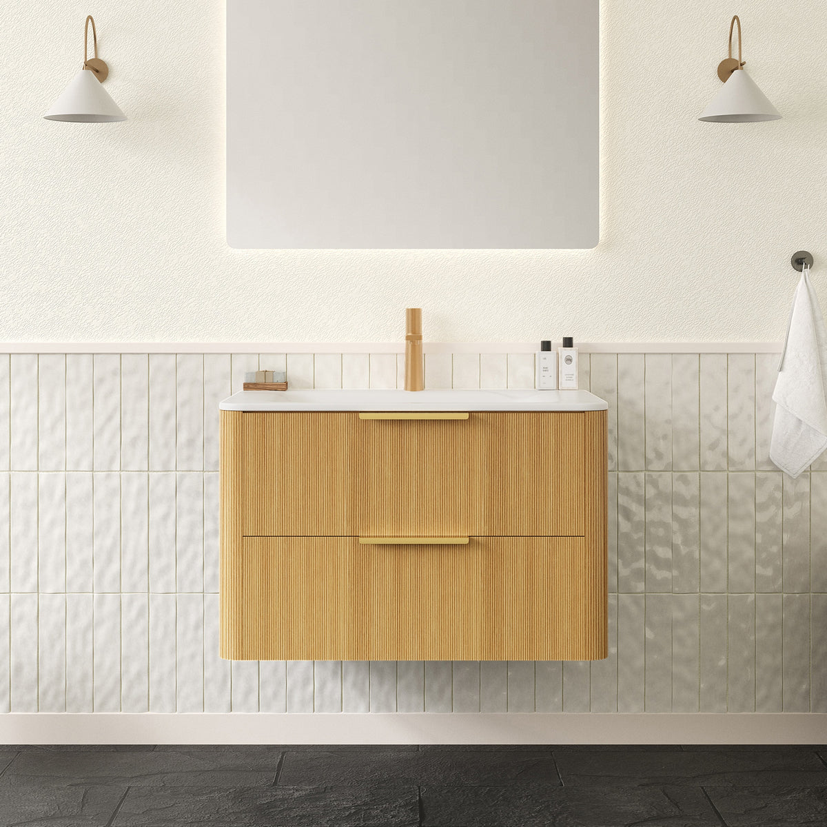 ZANE 30" Bathroom Vanity with Sink, Floating Ultra-Pinstriped Plywood Storage Cabinet with Drawers, Carrara White Sintered Stone Hot-bent Integrated Basin, Pre-assembled, Light Natural Woodgrain Color