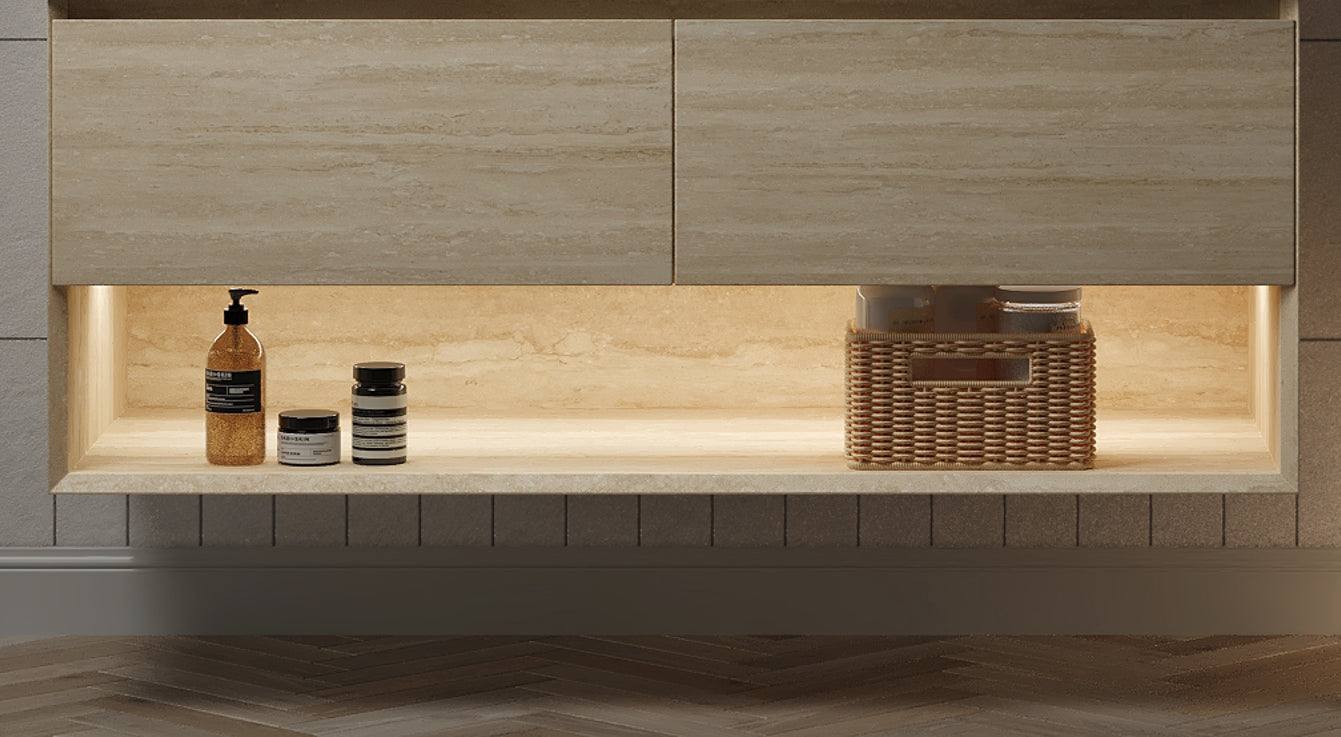 FRIGGA 48" Wall-Mounted Cabinet with Two Drawers and Open Shelf, NO Countertop and Basin, NO Faucet and Drain, Travertine Texture Finish