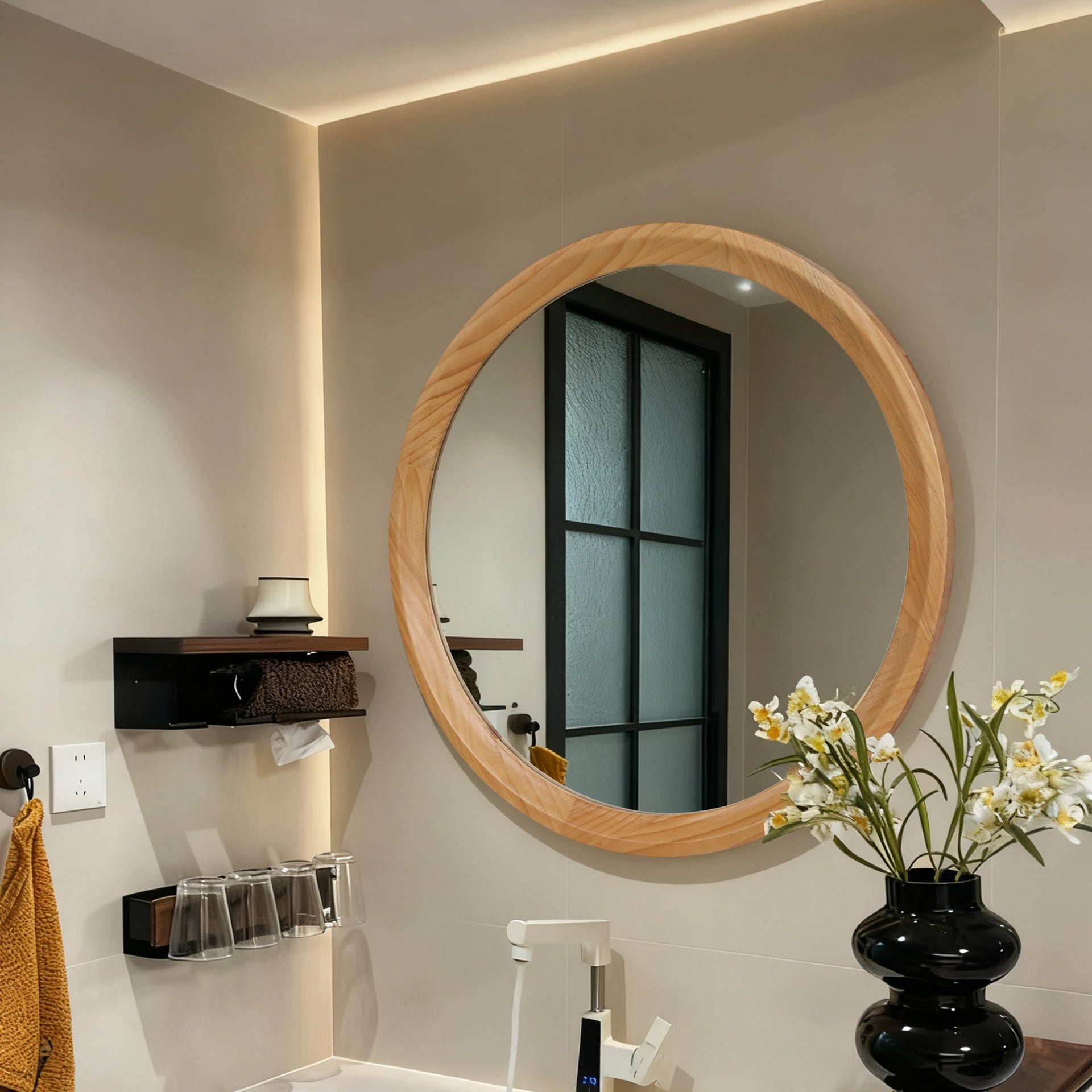 Natural Wood Round Wall Mirror, 23.62" Minimalist Decorative Mirror for Bathroom Vanity/Living Room (Sleek Solid Wood Frame)