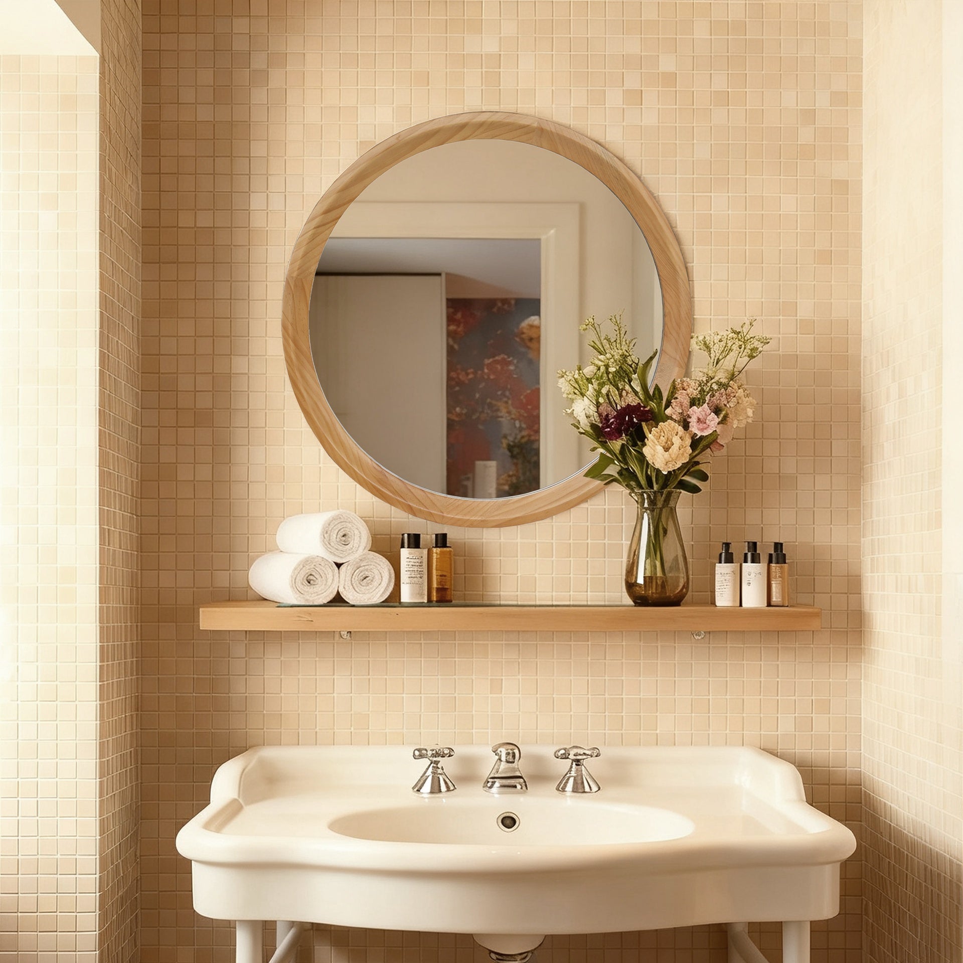 Natural Wood Round Wall Mirror, 23.62" Minimalist Decorative Mirror for Bathroom Vanity/Living Room (Sleek Solid Wood Frame)