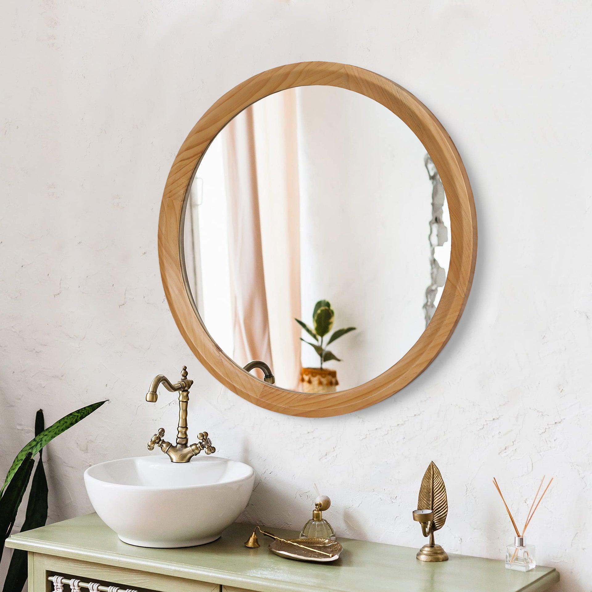 Natural Wood Round Wall Mirror, 23.62" Minimalist Decorative Mirror for Bathroom Vanity/Living Room (Sleek Solid Wood Frame)