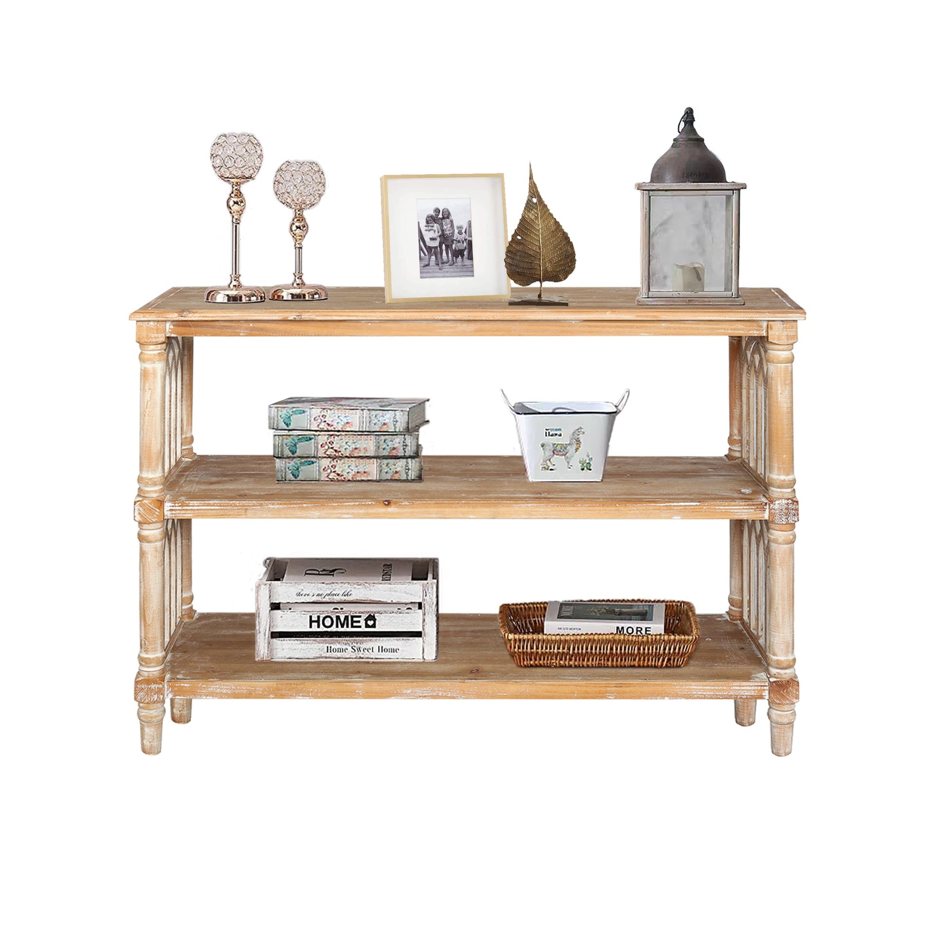 Rustic 3 - Tier Console Table with Gothic - Inspired Details, 47.24" Long Wooden Entryway Table for Living Room and Hallway