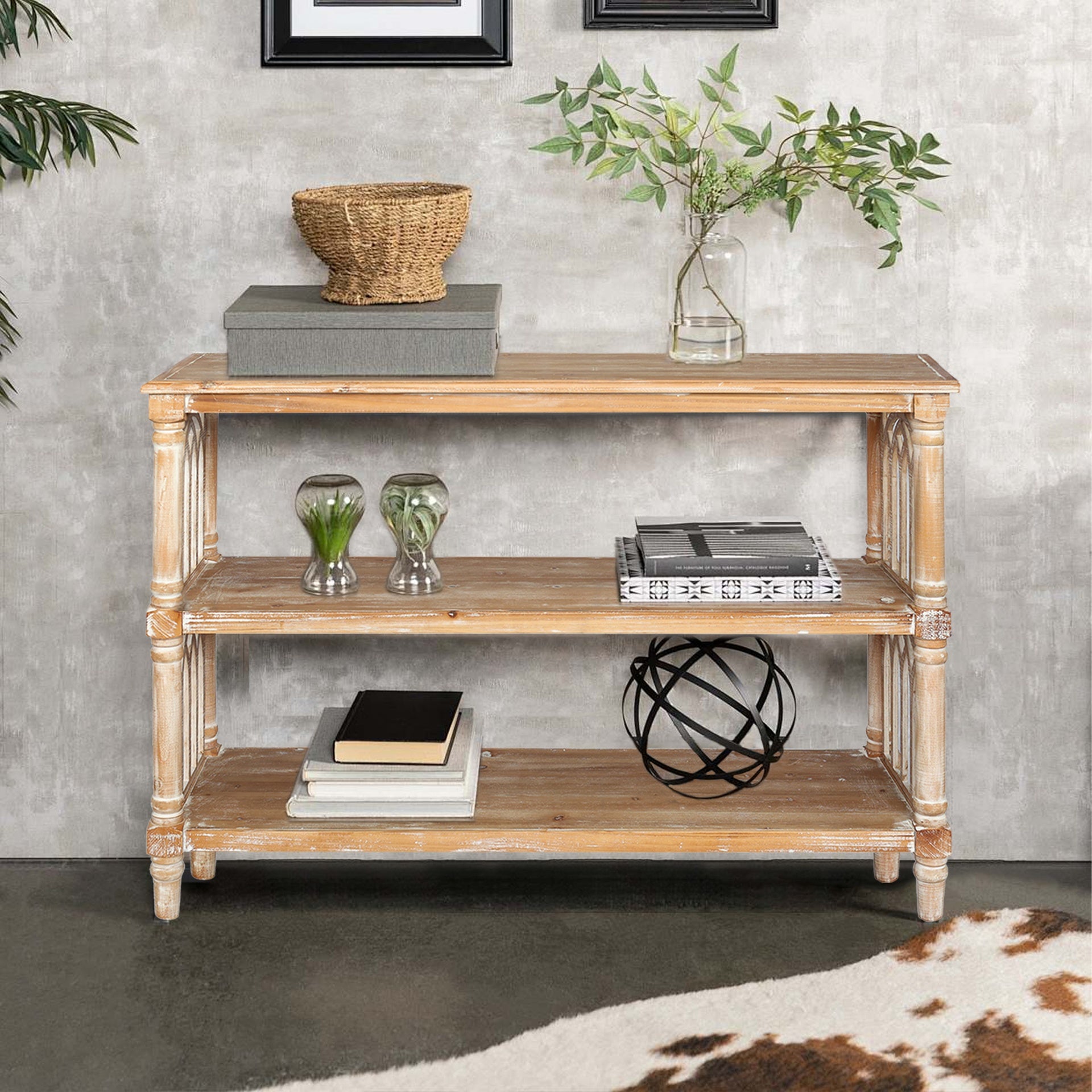 Rustic 3 - Tier Console Table with Gothic - Inspired Details, 47.24" Long Wooden Entryway Table for Living Room and Hallway