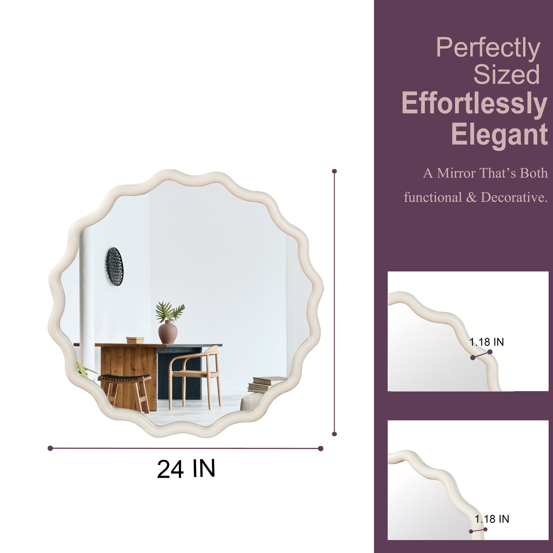 White 24 inch Wavy Round Solid Wood Frame Decorative Mirror,For Bedroom, Bathroom, Living Room, Entryway