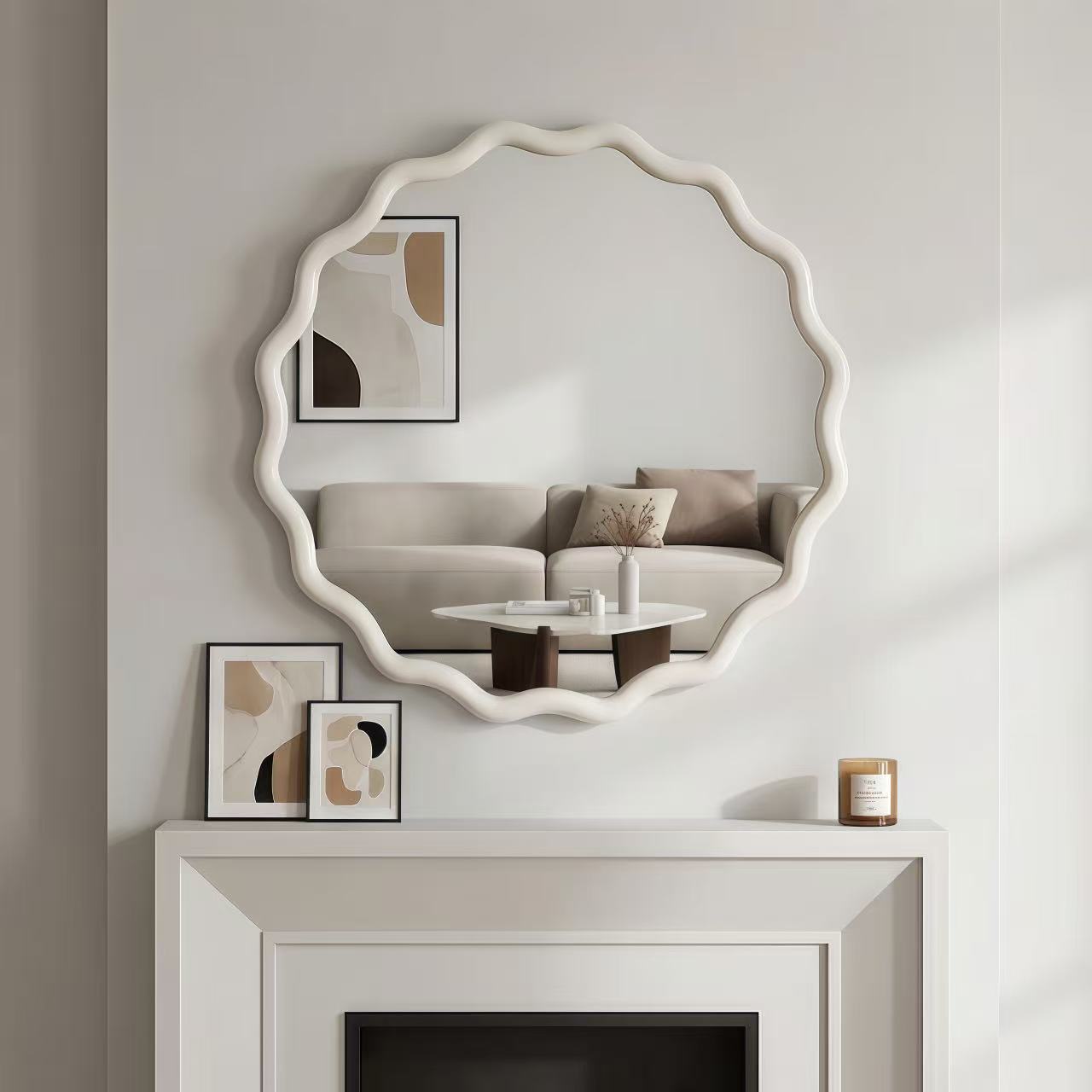 White 24 inch Wavy Round Solid Wood Frame Decorative Mirror,For Bedroom, Bathroom, Living Room, Entryway