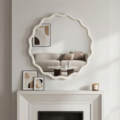 White 24 inch Wavy Round Solid Wood Frame Decorative Mirror,For Bedroom, Bathroom, Living Room, Entryway