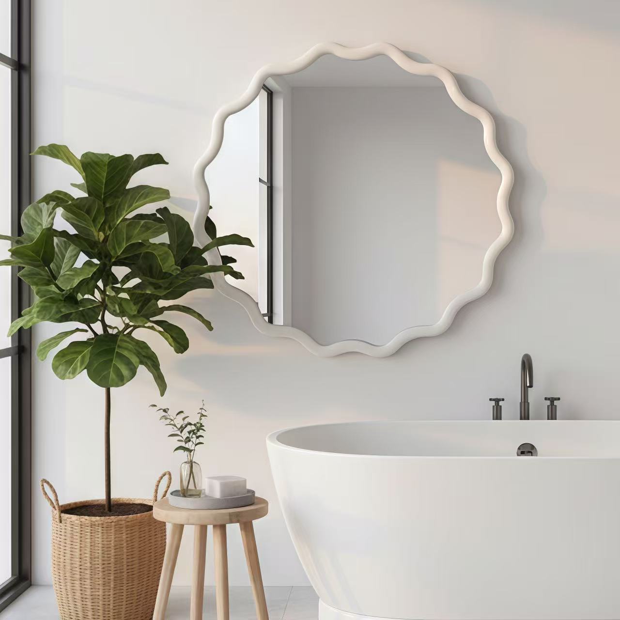 White 24 inch Wavy Round Solid Wood Frame Decorative Mirror,For Bedroom, Bathroom, Living Room, Entryway