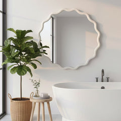 White 24 inch Wavy Round Solid Wood Frame Decorative Mirror,For Bedroom, Bathroom, Living Room, Entryway