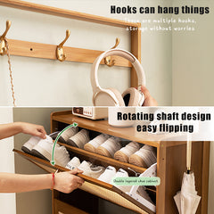 Shoe Cabinet with 3 Rattan Flip Drawers, Bamboo Shoe Storage Cabinet with Coat Hooks, Freestanding Shoe Cabinet Storage for Entryway, Hallway, Closet, Living Room ( Natural Color )