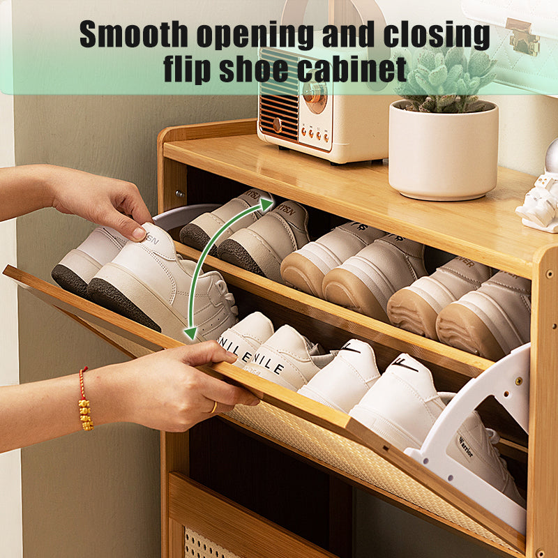 Shoe Cabinet with 3 Rattan Flip Drawers, Bamboo Shoe Storage Cabinet with Coat Hooks, Freestanding Shoe Cabinet Storage for Entryway, Hallway, Closet, Living Room ( Natural Color )