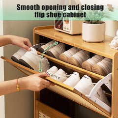 Shoe Cabinet with 3 Rattan Flip Drawers, Bamboo Shoe Storage Cabinet with Coat Hooks, Freestanding Shoe Cabinet Storage for Entryway, Hallway, Closet, Living Room ( Natural Color )