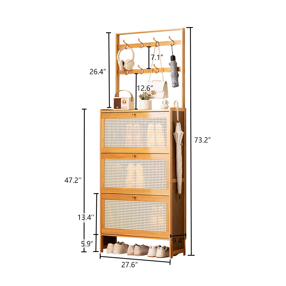 Shoe Cabinet with 3 Rattan Flip Drawers, Bamboo Shoe Storage Cabinet with Coat Hooks, Freestanding Shoe Cabinet Storage for Entryway, Hallway, Closet, Living Room ( Natural Color )
