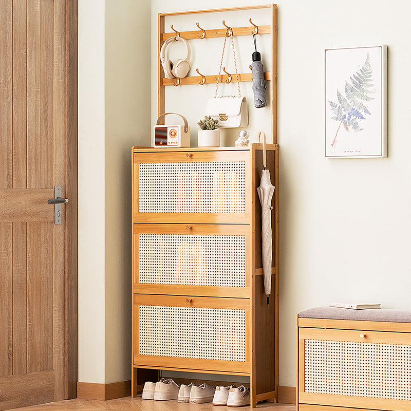 Shoe Cabinet with 3 Rattan Flip Drawers, Bamboo Shoe Storage Cabinet with Coat Hooks, Freestanding Shoe Cabinet Storage for Entryway, Hallway, Closet, Living Room ( Natural Color )