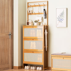 Shoe Cabinet with 3 Rattan Flip Drawers, Bamboo Shoe Storage Cabinet with Coat Hooks, Freestanding Shoe Cabinet Storage for Entryway, Hallway, Closet, Living Room ( Natural Color )