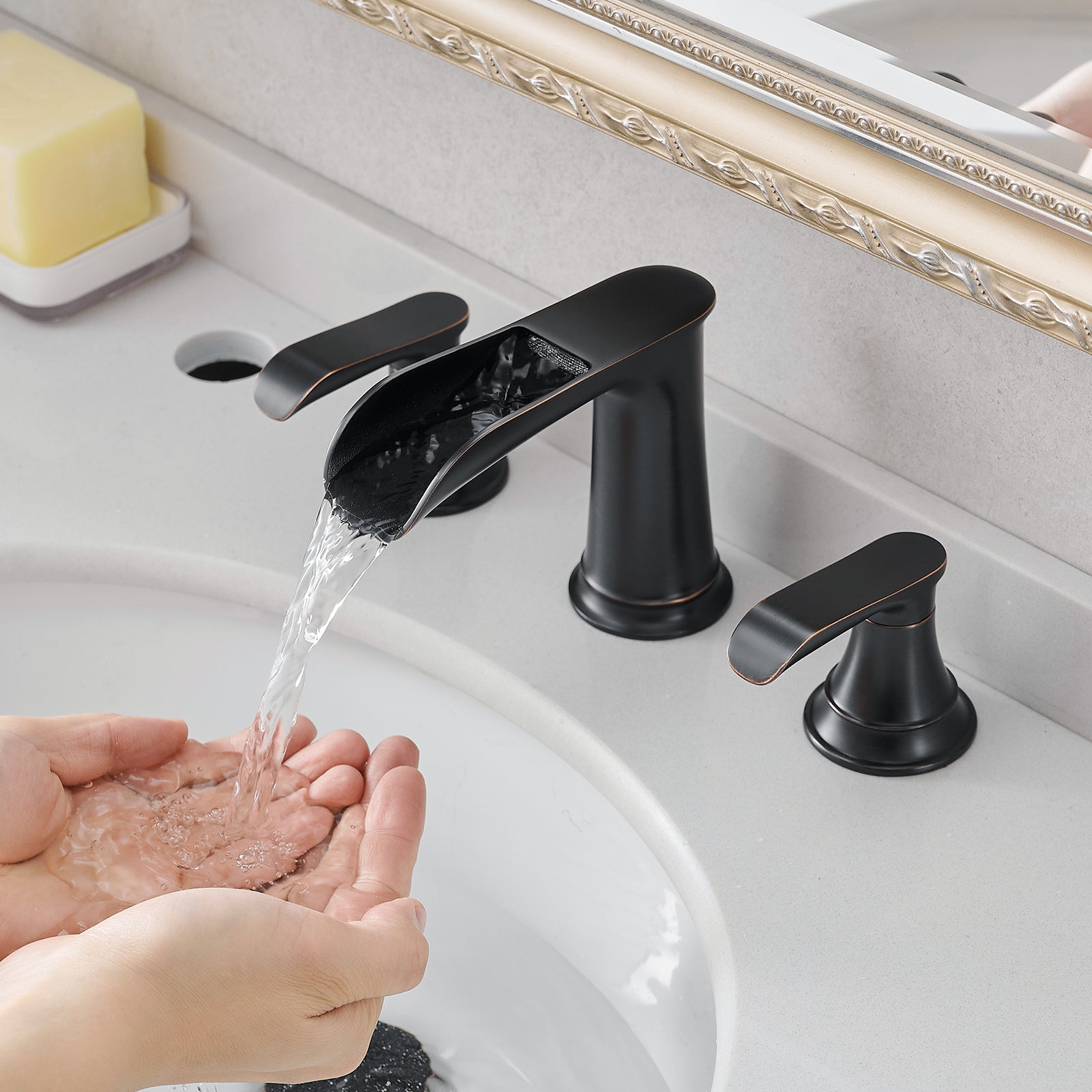 Bathroom Faucets for Sink 3 Hole ORB 8 inch Widespread Bathroom Sink Faucet with Pop Up Drain Double Lever Handle Faucet Bathroom Vanity Faucet Basin Mixer Tap Faucet with Hose