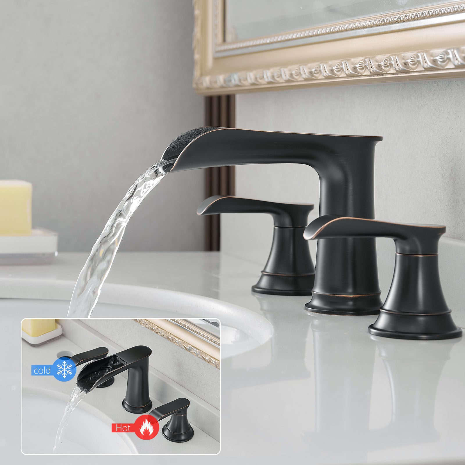 Bathroom Faucets for Sink 3 Hole ORB 8 inch Widespread Bathroom Sink Faucet with Pop Up Drain Double Lever Handle Faucet Bathroom Vanity Faucet Basin Mixer Tap Faucet with Hose