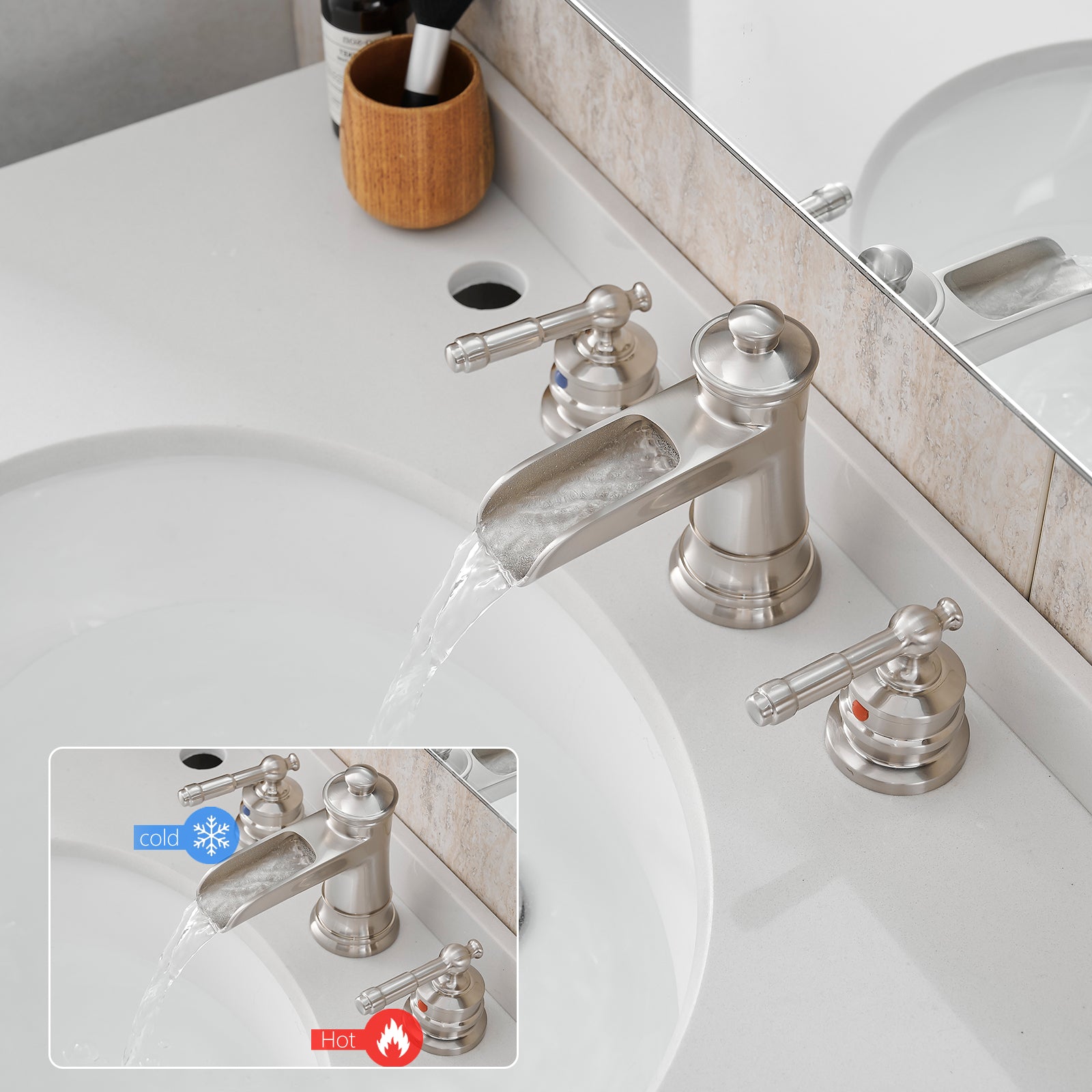 Bathroom Faucets for Sink 3 Hole Brushed Nickel 8 inch Widespread Bathroom Sink Faucet with Pop Up Drain Double Lever Handle Faucet Bathroom Vanity Faucet Basin Mixer Tap Faucet with Hose