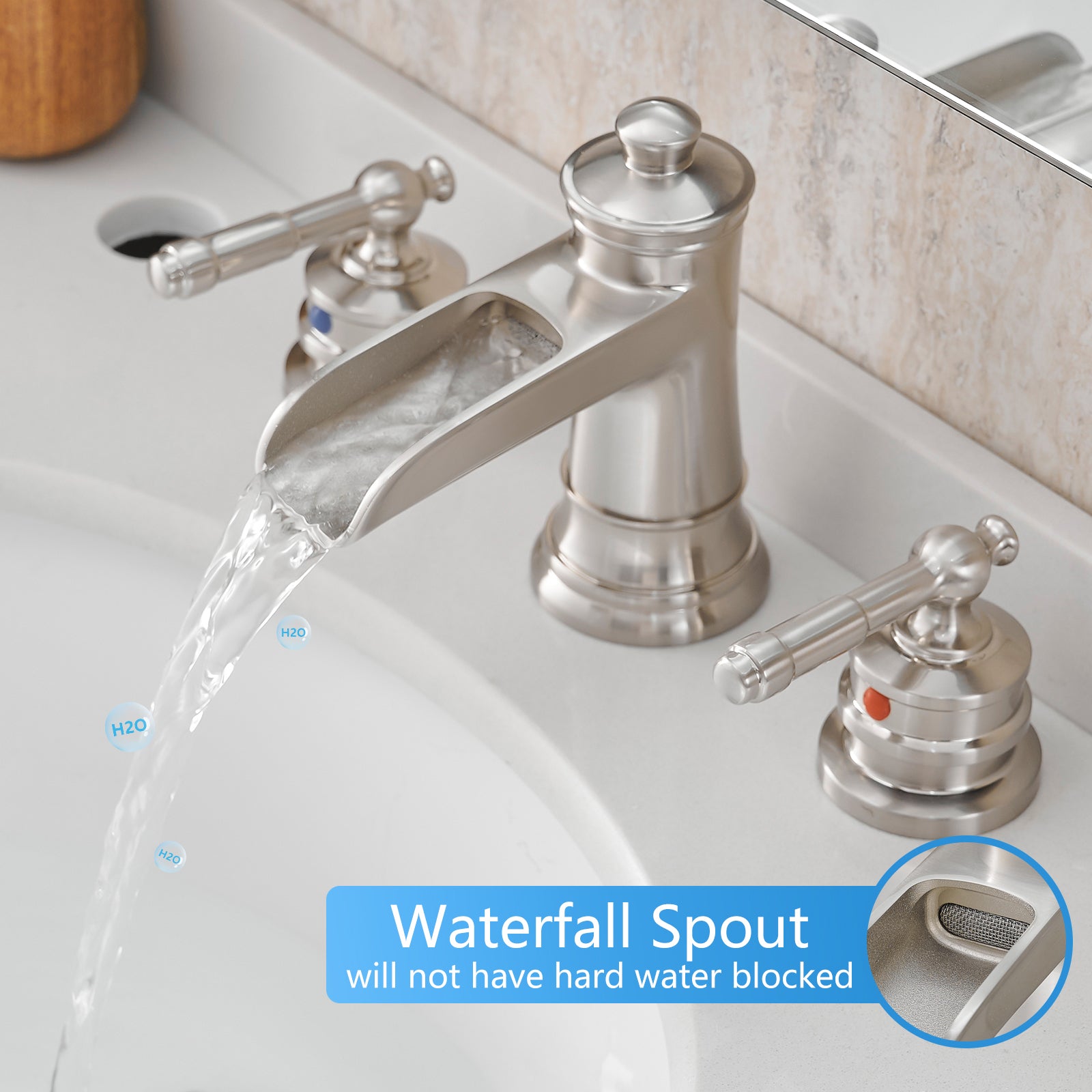 Bathroom Faucets for Sink 3 Hole Brushed Nickel 8 inch Widespread Bathroom Sink Faucet with Pop Up Drain Double Lever Handle Faucet Bathroom Vanity Faucet Basin Mixer Tap Faucet with Hose