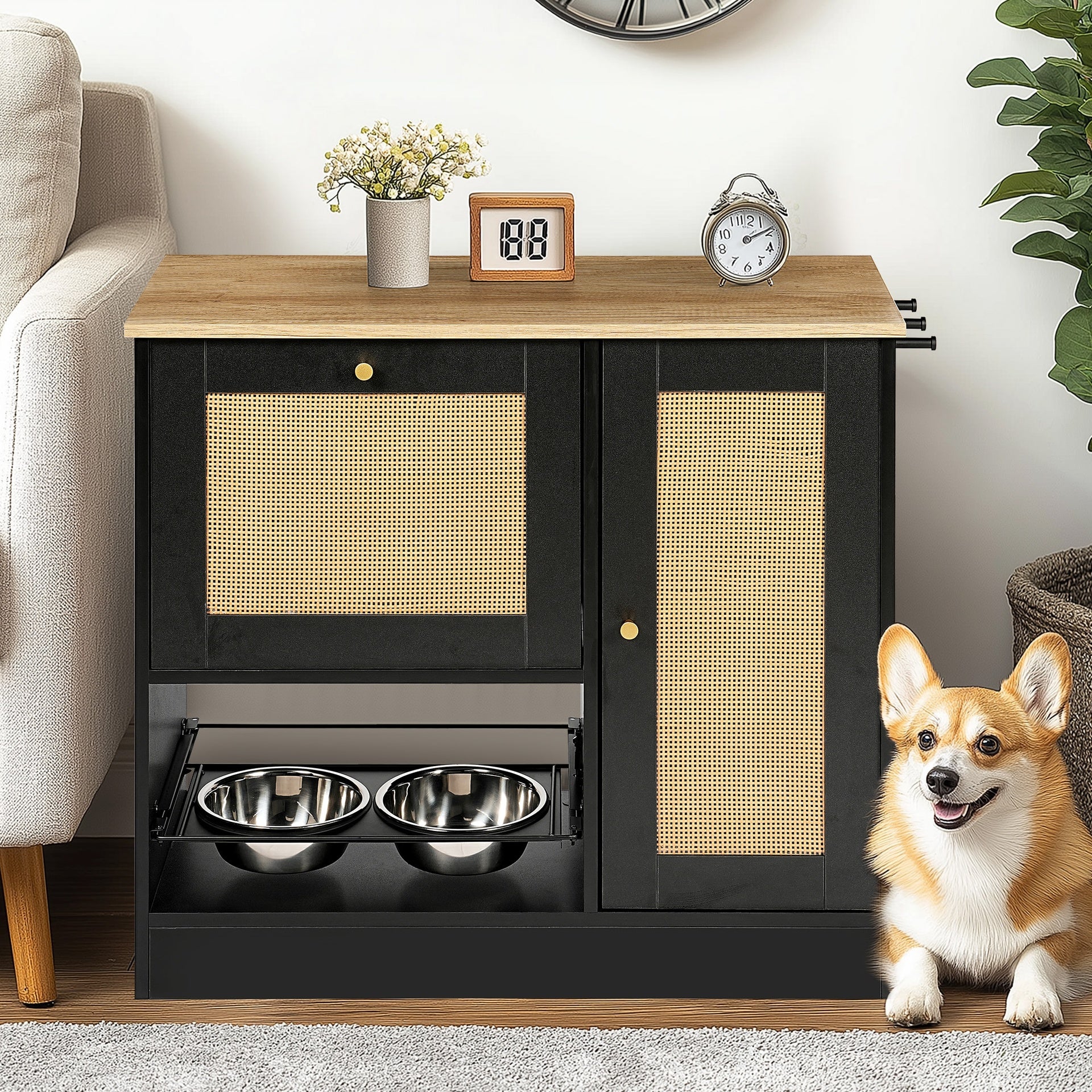 Feeding station with 2 lockers, pet feeding station with 2 elevated dog bowls, side hooks, anti-tipping kit, hidden pet feeding station for feeding and watering, rattan door, black