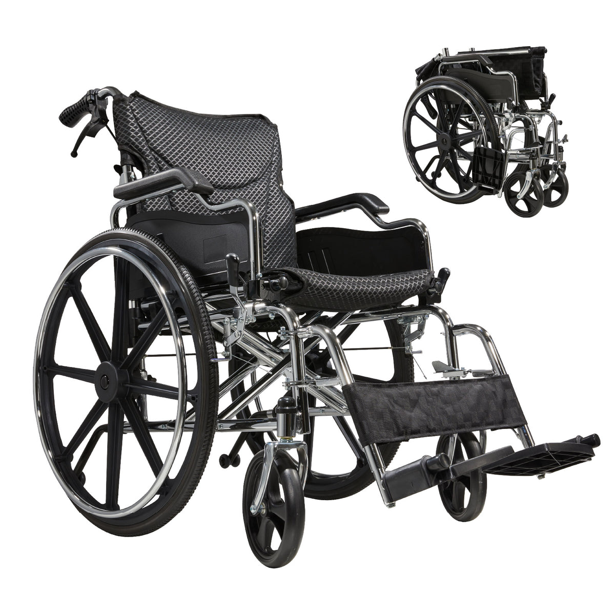 Folding Manual Transport Wheelchair, 20 " Seat With Front and Rear Locking Hand Brakes, 24 " Quick Release Rear Wheels,Bright Silver