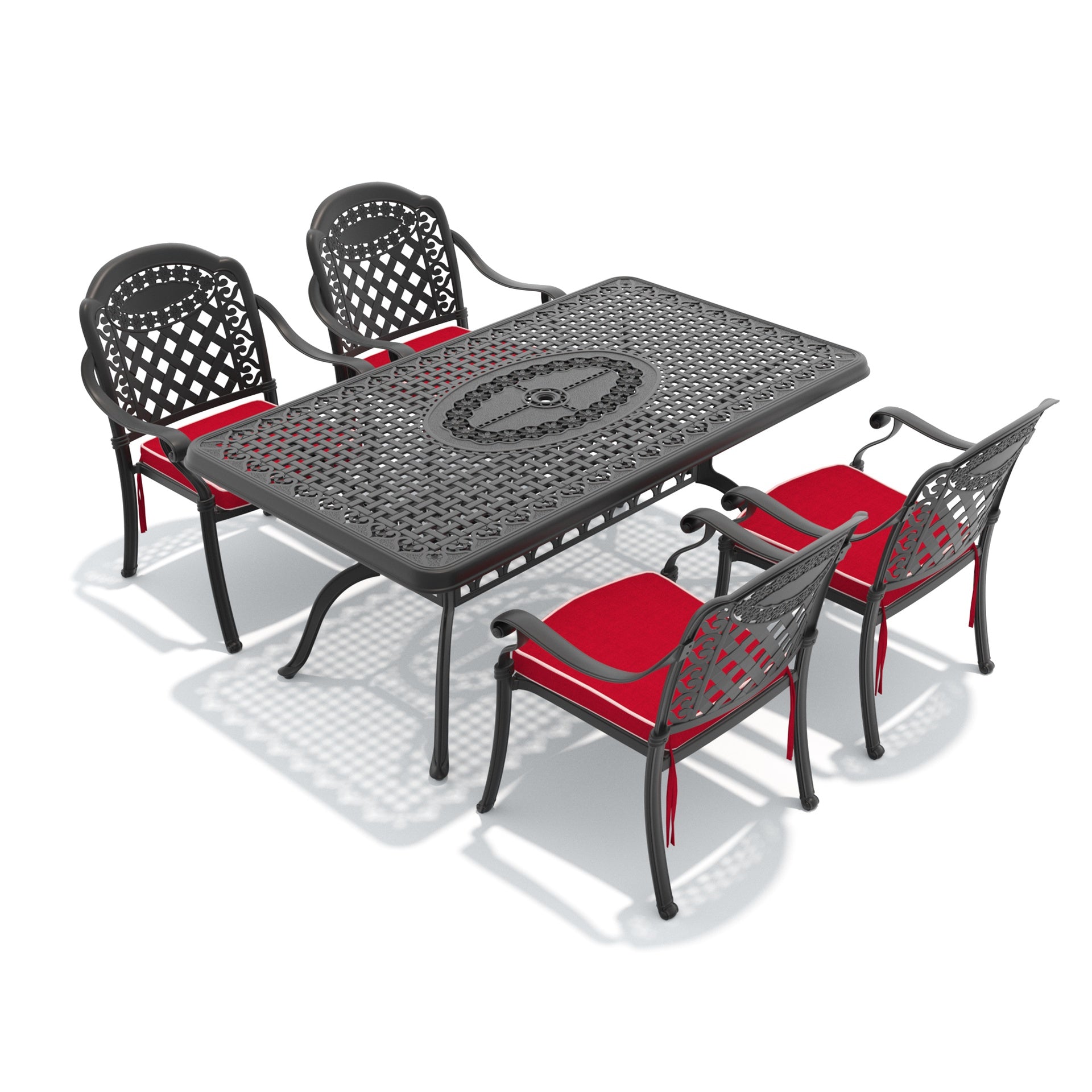 5-Piece Set Of Cast Aluminum Patio Furniture With Black Frame and Red Cushions