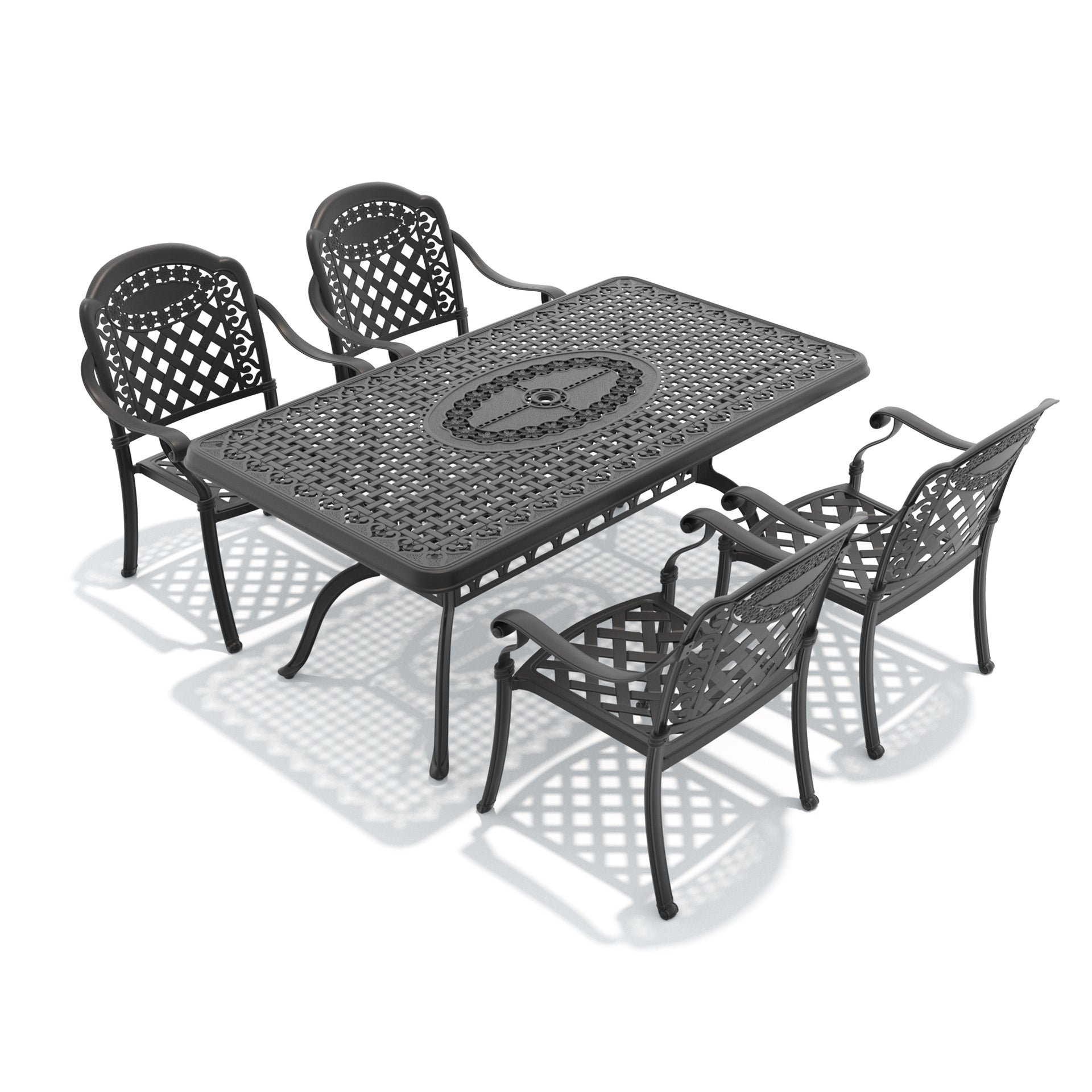 5-Piece Set Of Cast Aluminum Patio Furniture With Black Frame and Red Cushions