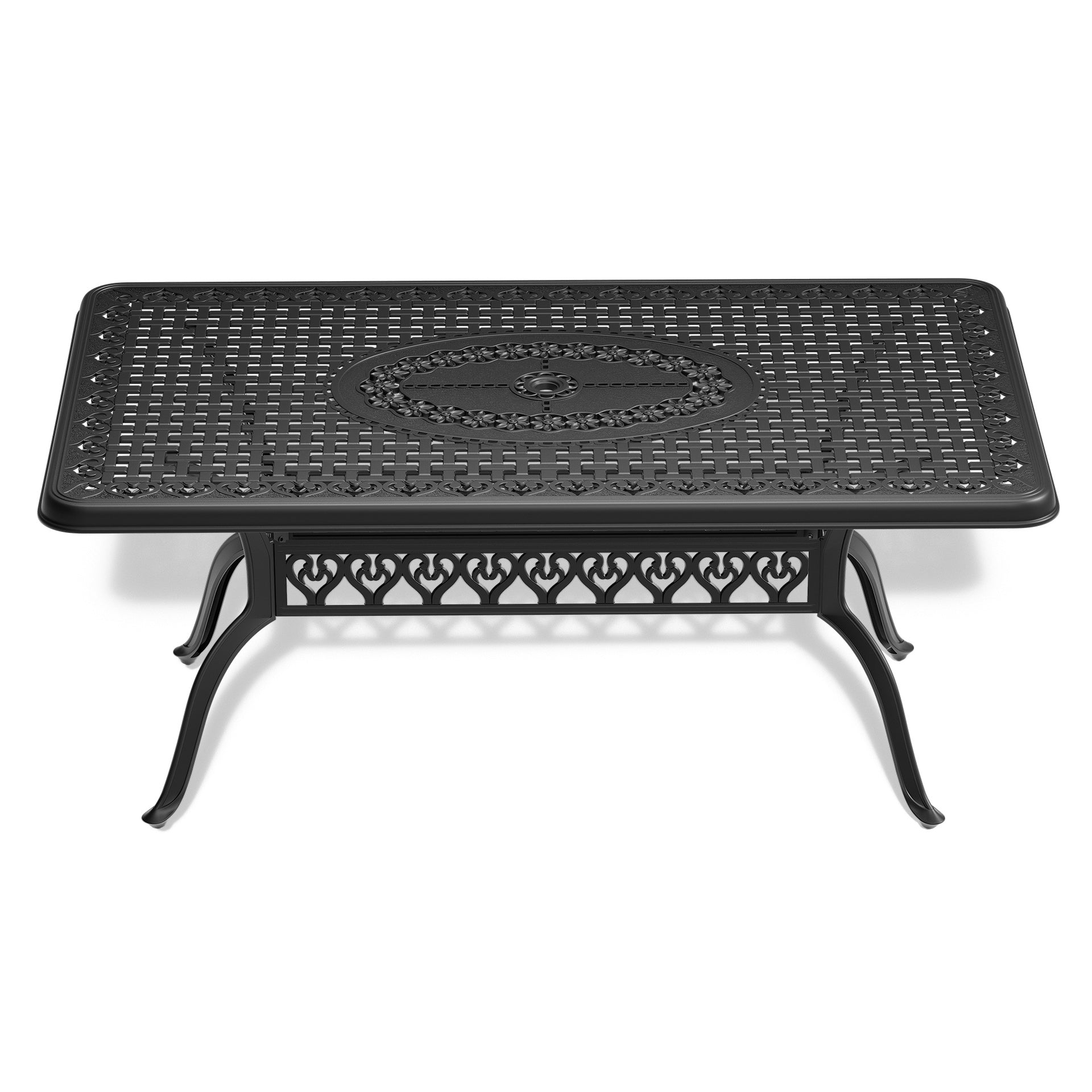 L66.93*W37.4-inch Cast Aluminum Patio Dining Table With Black Frame and Umbrella Hole