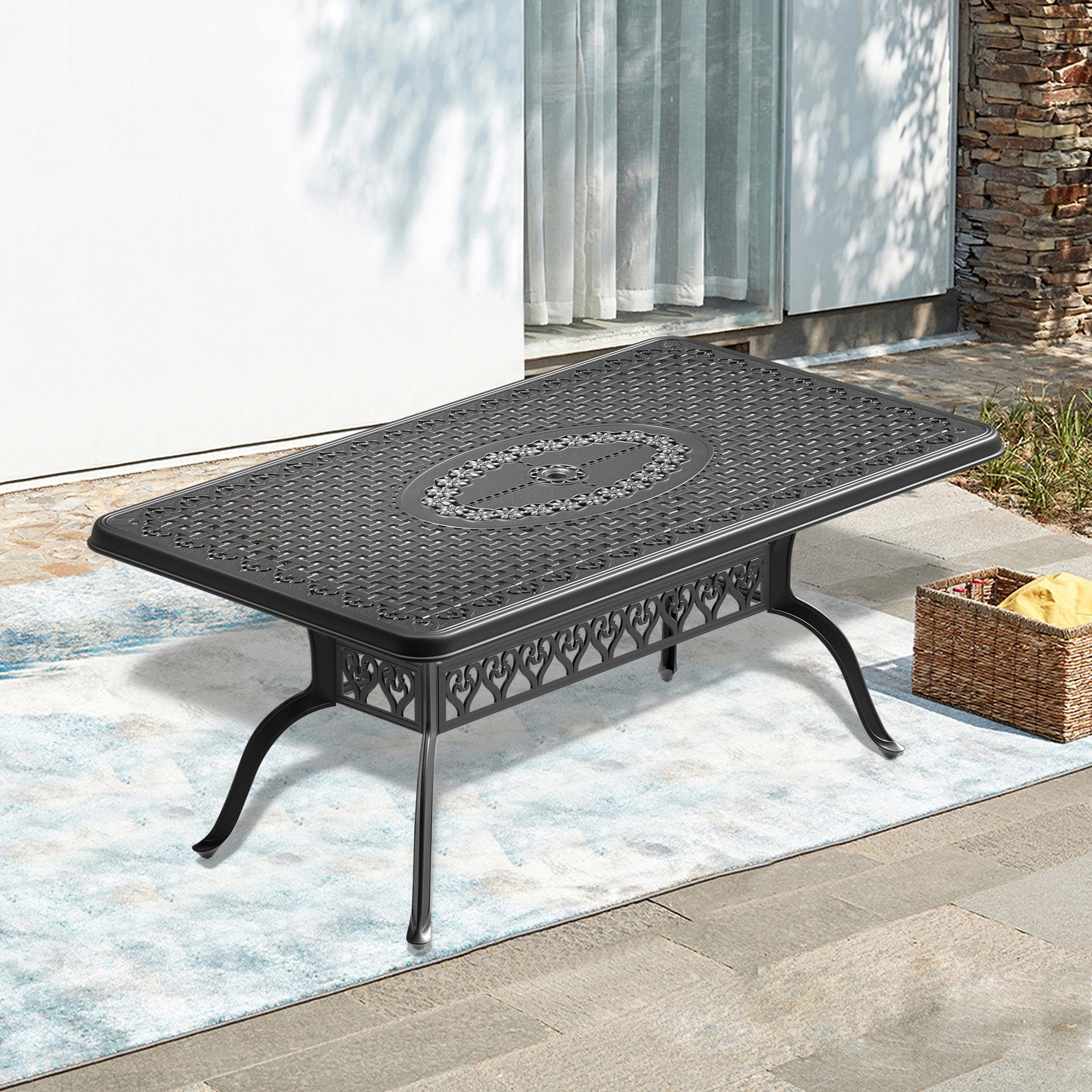 L66.93*W37.4-inch Cast Aluminum Patio Dining Table With Black Frame and Umbrella Hole