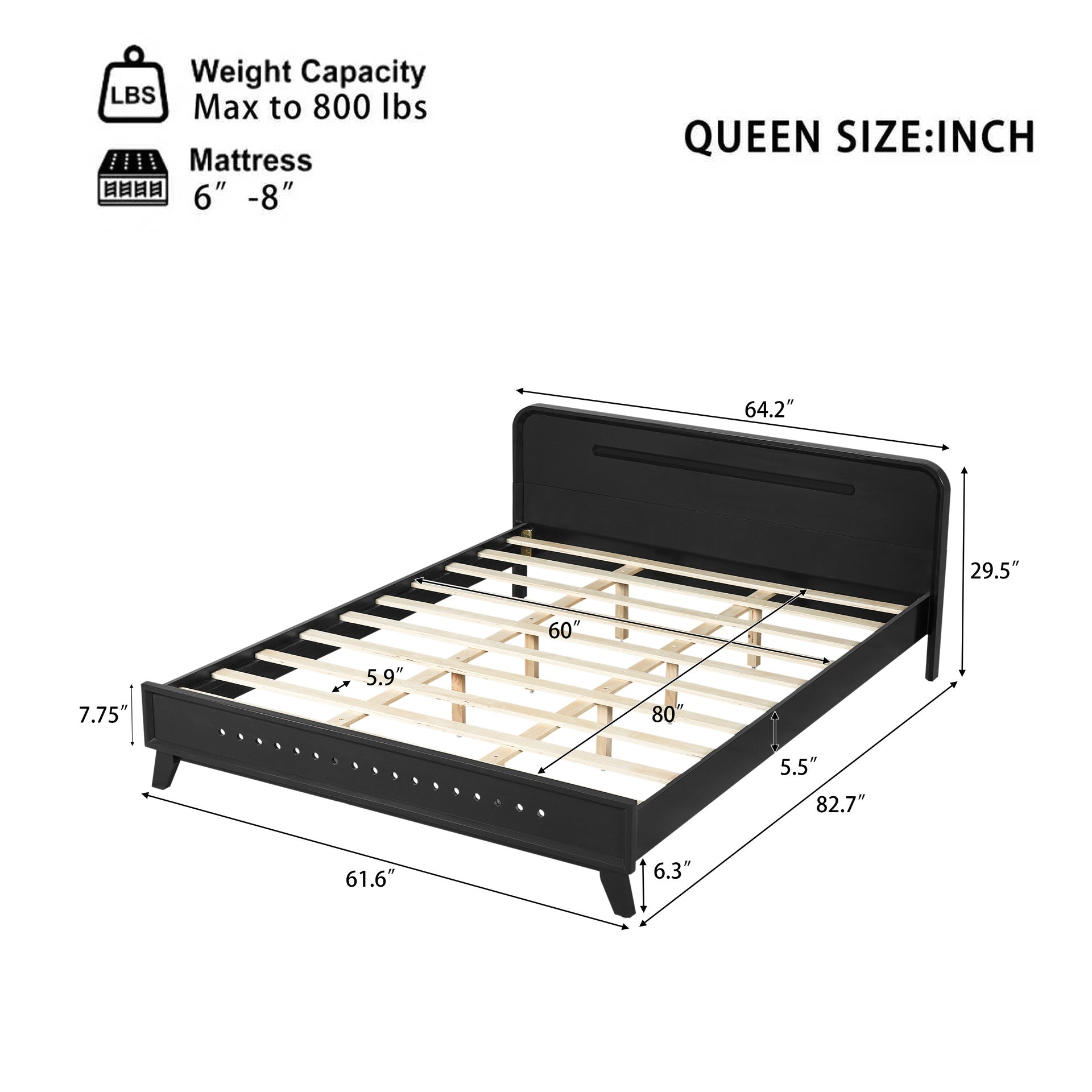 PINE SOLID WOOD QUEEN SIZE BED, SOLID AND STABLE, NO BOX SPRING NEEDED, BLACK COLOR