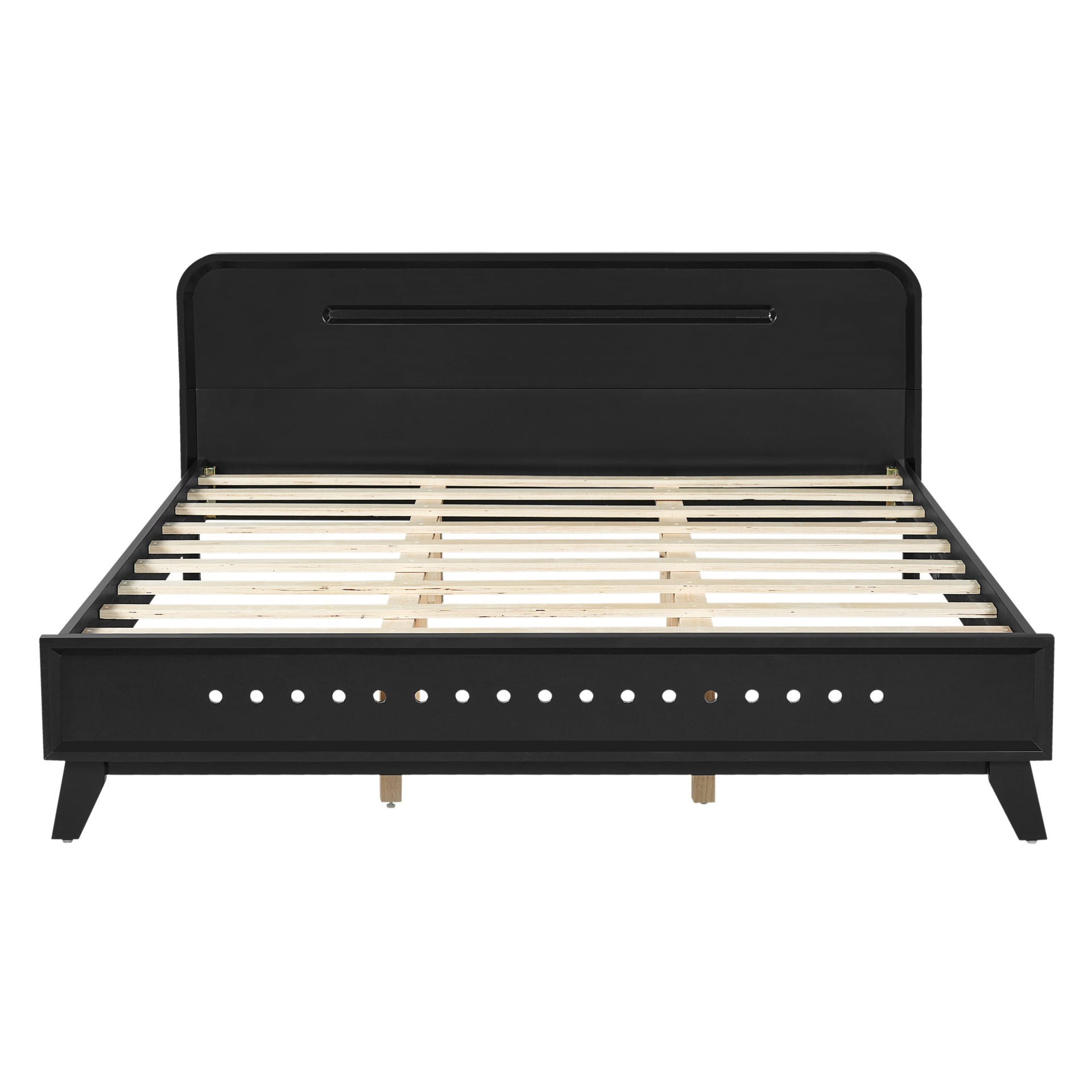 PINE SOLID WOOD QUEEN SIZE BED, SOLID AND STABLE, NO BOX SPRING NEEDED, BLACK COLOR