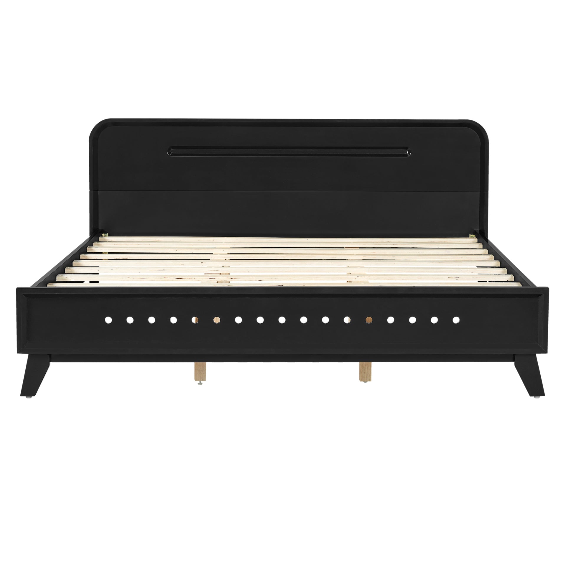PINE SOLID WOOD QUEEN SIZE BED, SOLID AND STABLE, NO BOX SPRING NEEDED, BLACK COLOR