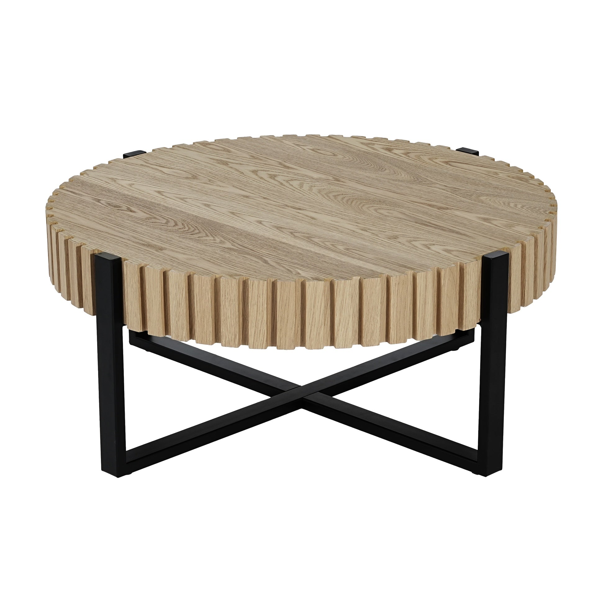 Round Coffee Table, Handcraft Drum Coffee Table with Gear Design & Cross Metal Base, Wood Grain MDF Top, 31.5" Modern Compact Coffee Table for Living Room Apartment