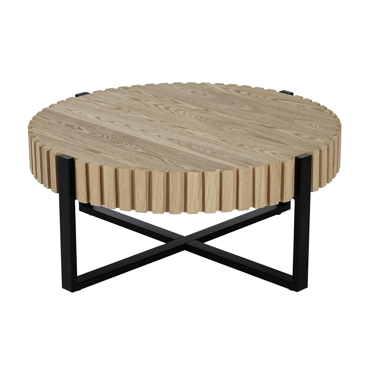 Round Coffee Table, Handcraft Drum Coffee Table with Gear Design & Cross Metal Base, Wood Grain MDF Top, 31.5" Modern Compact Coffee Table for Living Room Apartment