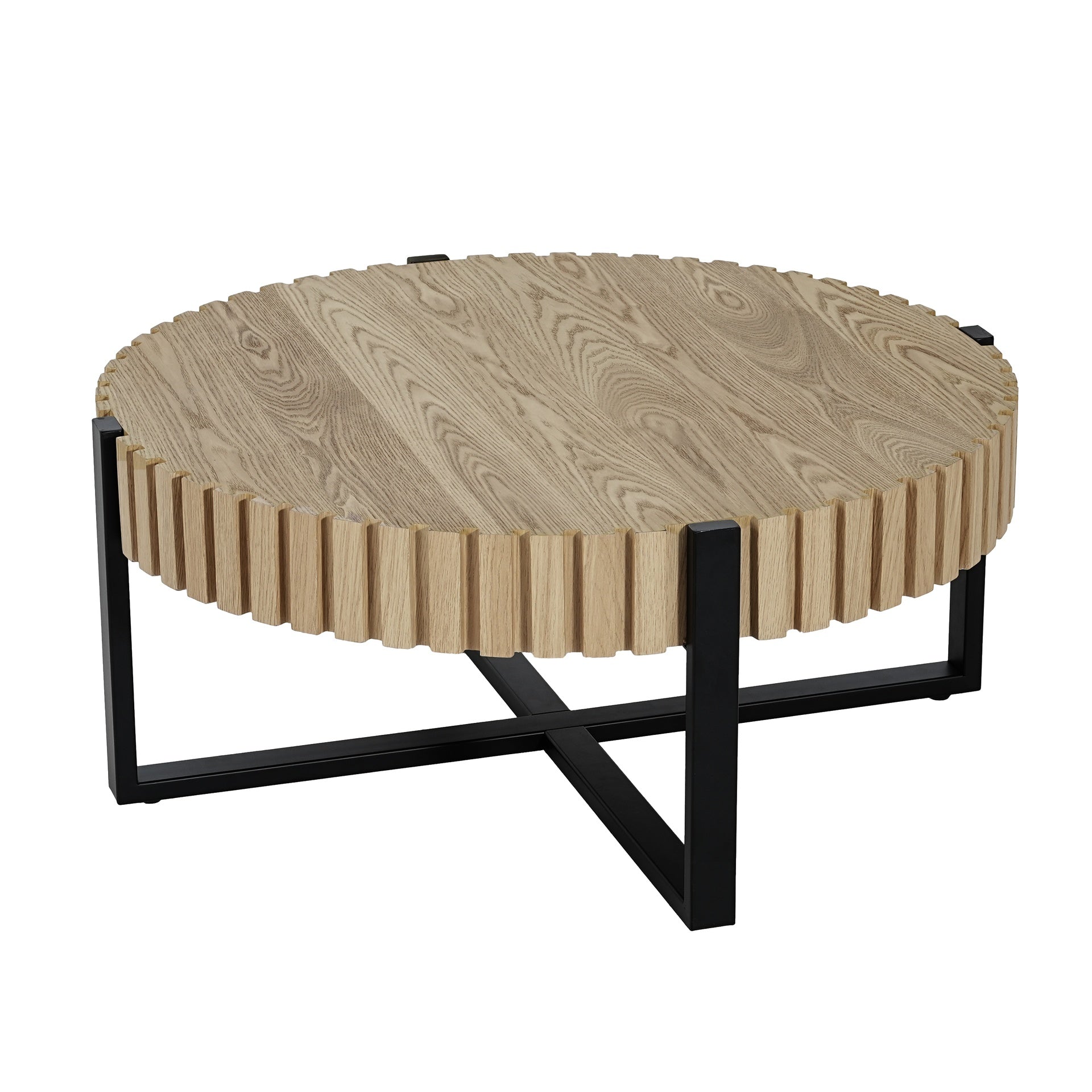 Round Coffee Table, Handcraft Drum Coffee Table with Gear Design & Cross Metal Base, Wood Grain MDF Top, 31.5" Modern Compact Coffee Table for Living Room Apartment