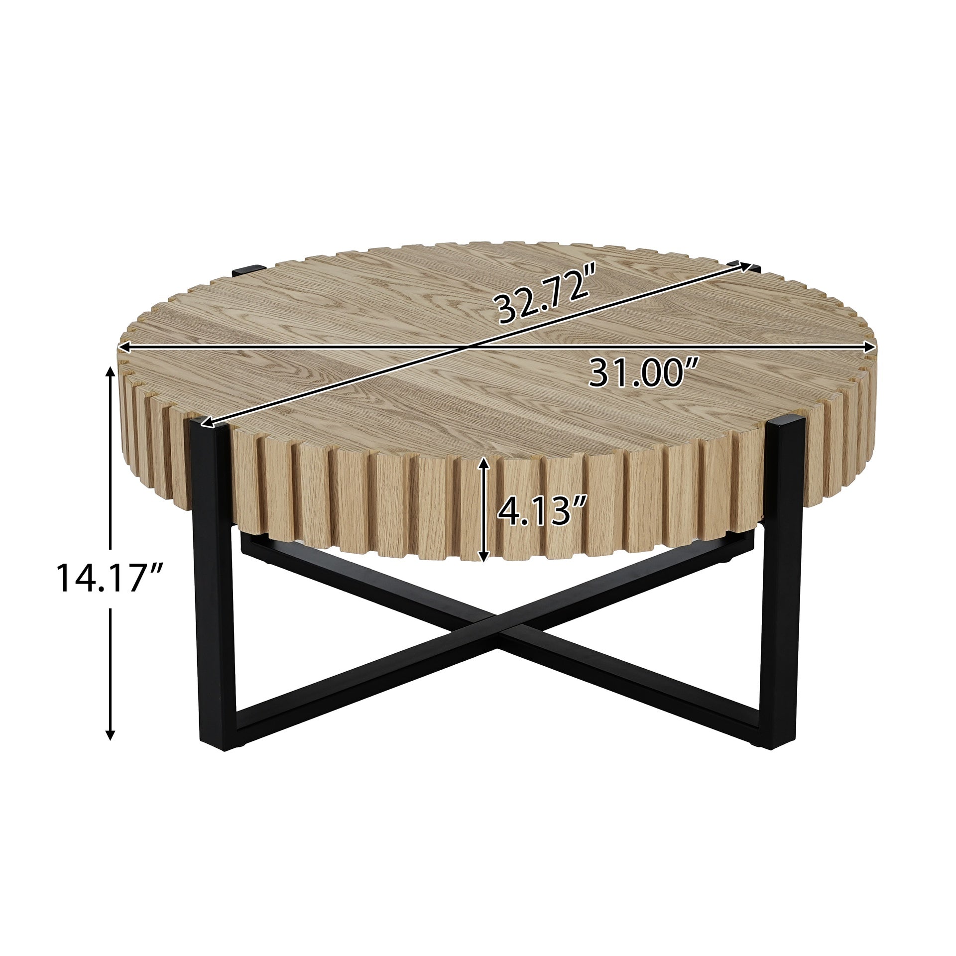 Round Coffee Table, Handcraft Drum Coffee Table with Gear Design & Cross Metal Base, Wood Grain MDF Top, 31.5" Modern Compact Coffee Table for Living Room Apartment