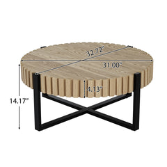 Round Coffee Table, Handcraft Drum Coffee Table with Gear Design & Cross Metal Base, Wood Grain MDF Top, 31.5" Modern Compact Coffee Table for Living Room Apartment