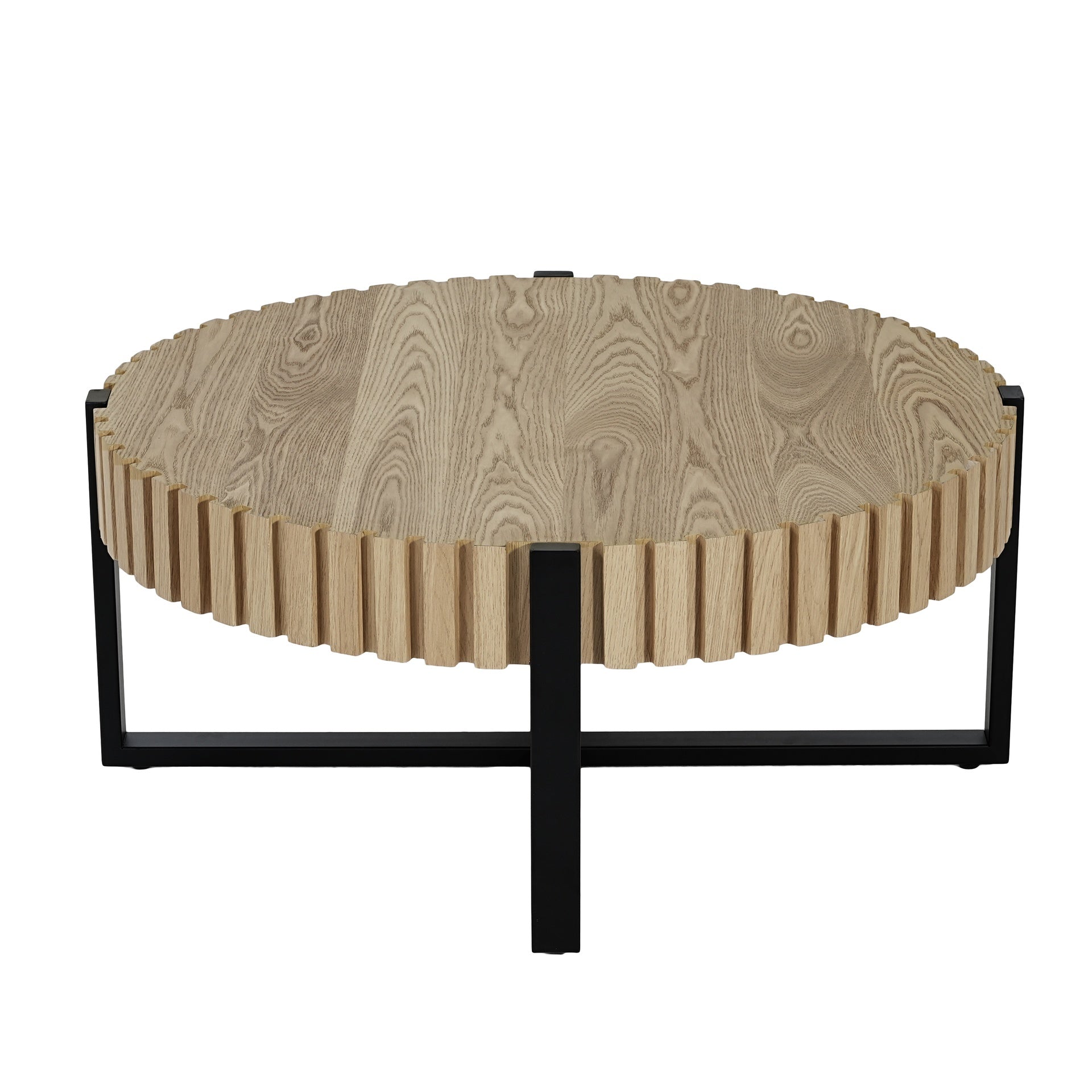 Round Coffee Table, Handcraft Drum Coffee Table with Gear Design & Cross Metal Base, Wood Grain MDF Top, 31.5" Modern Compact Coffee Table for Living Room Apartment