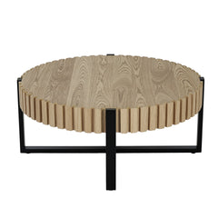 Round Coffee Table, Handcraft Drum Coffee Table with Gear Design & Cross Metal Base, Wood Grain MDF Top, 31.5" Modern Compact Coffee Table for Living Room Apartment